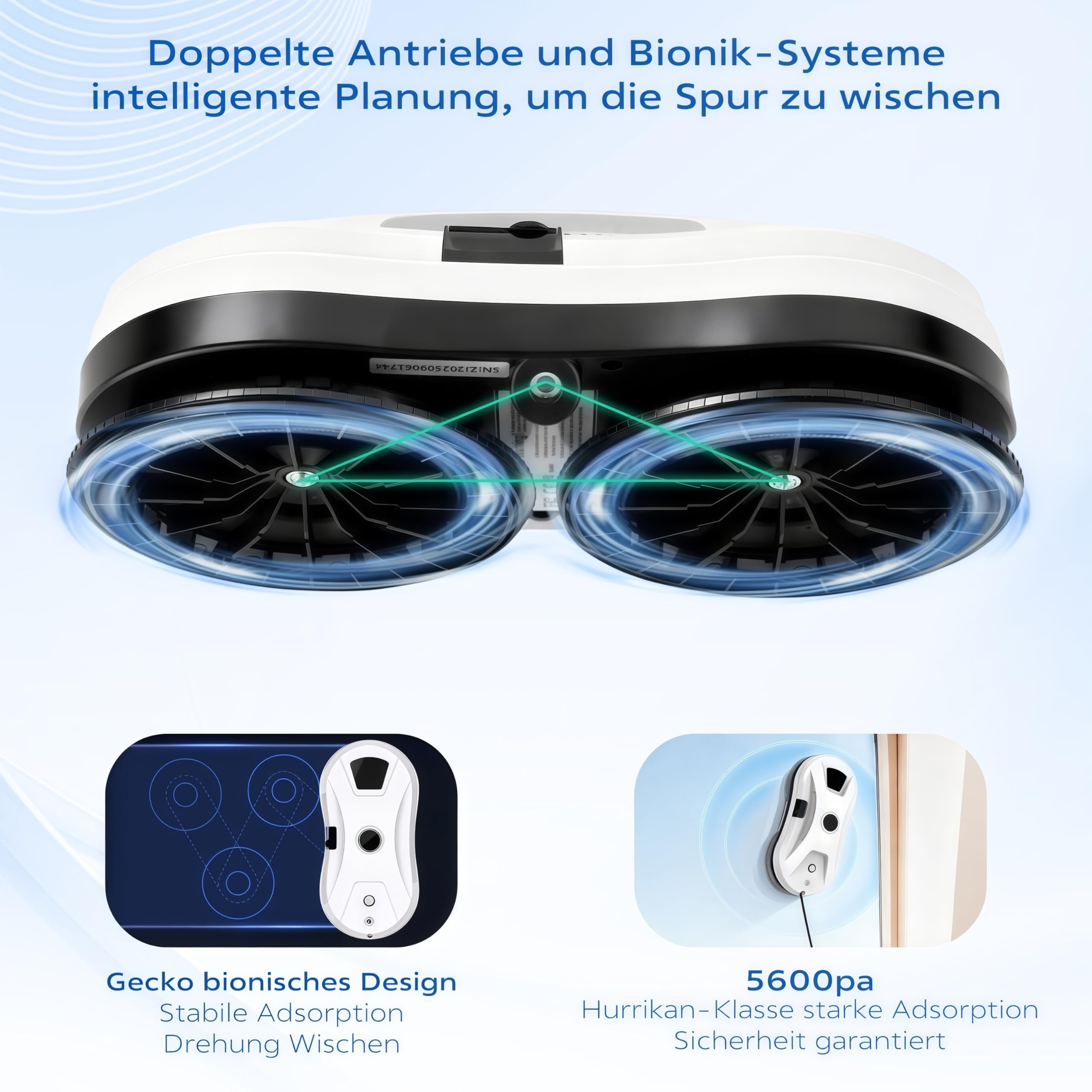 Fensterputzroboter mit Fernbedienung, 5600 Pa Fensterroboter mit Intelligenter Navigation & Kantenerkennung, 3 Automatische Reinigungsmodi, Nass & Trockenreinigung, für Fenster, Glas, Spiegel,Fliesen