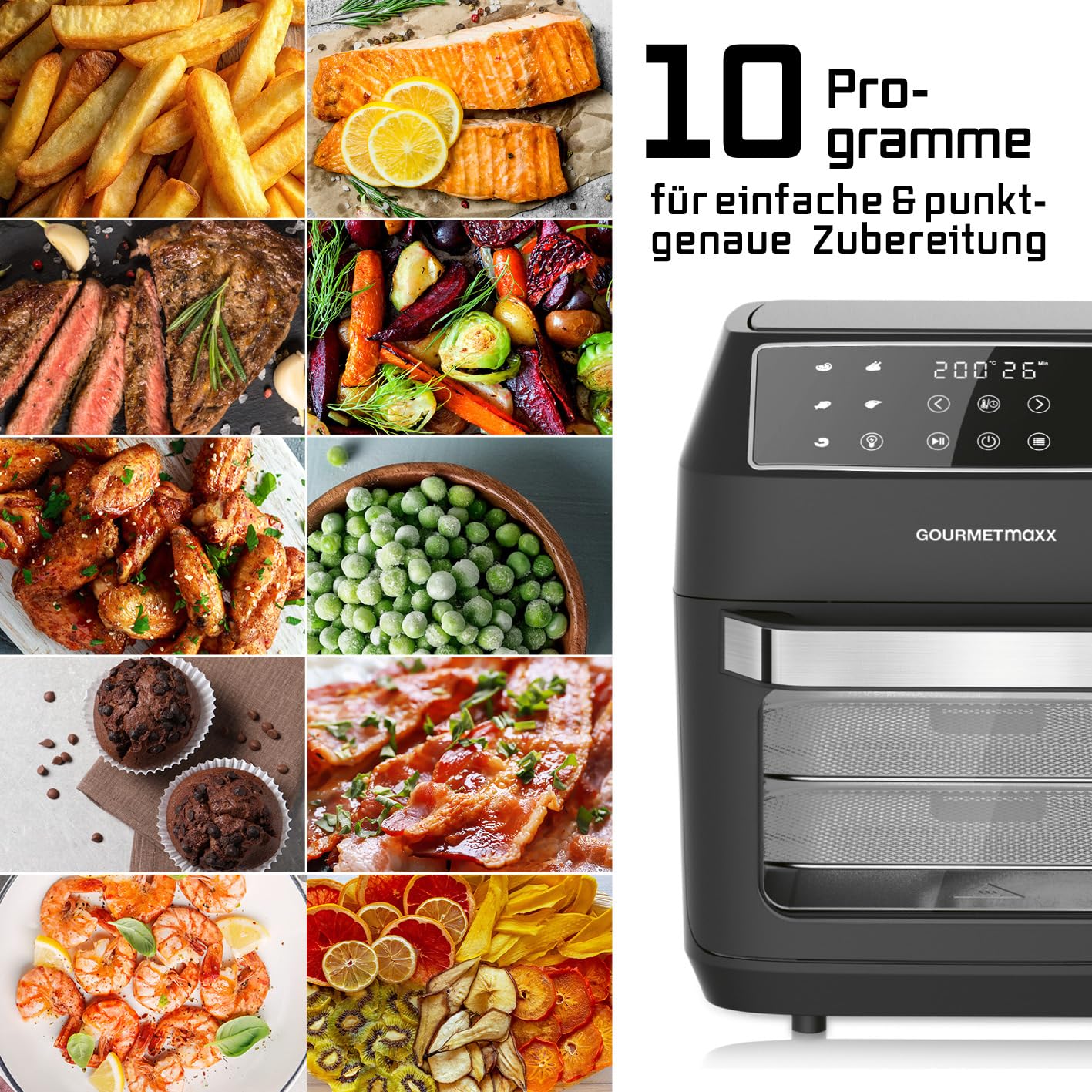 GOURMETmaxx Heißluftfritteuse 12 L Airfryer | Fritteuse mit 9 Funktionen, Touchdisplay, Dreh- & Schaschlikspießen | 10 Programme inkl. Pizza | Minibackofen 1700 W – nahezu ohne Öl