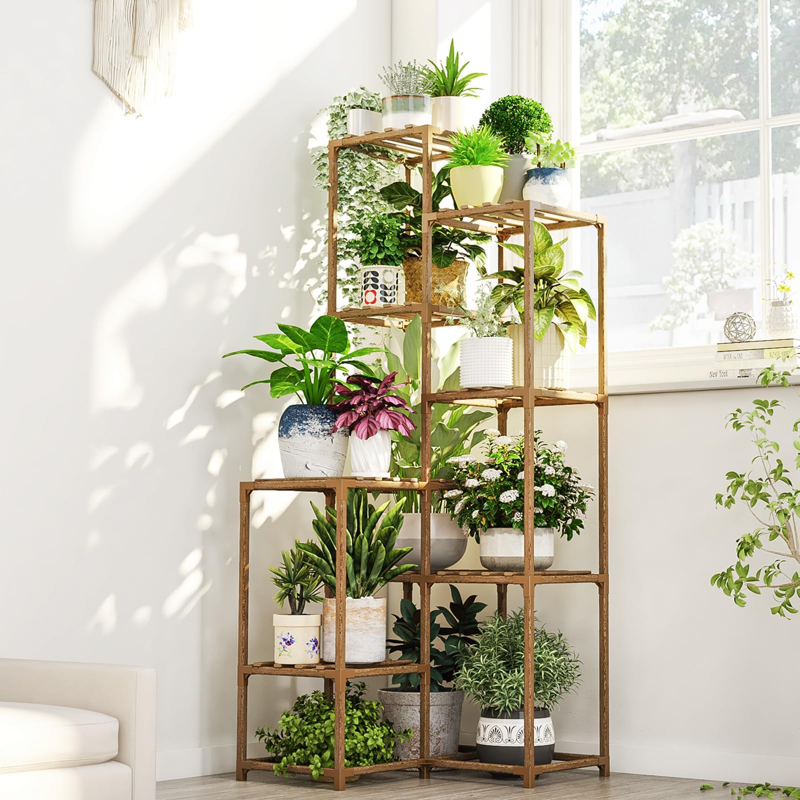 Bamworld Plant Stand Indoor Outdoor Corner Plant Shelf 54.7" Tall Plant Table Wood Large Plant Holder for Multiple Plants Patio Balcony Garden Office Home Decor