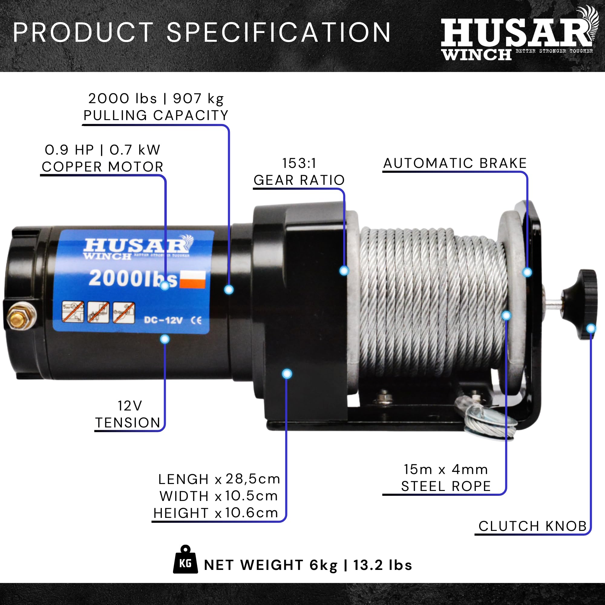 Cabrestante Eléctrico De 12V 2000 lbs | 907 kg - Cuerda de Acero De 15 Metros de Largo Muy Resistente, Control Con Cable, Freno Automático, Kit de montaje - Ideal Para Quads y ATV/UTV