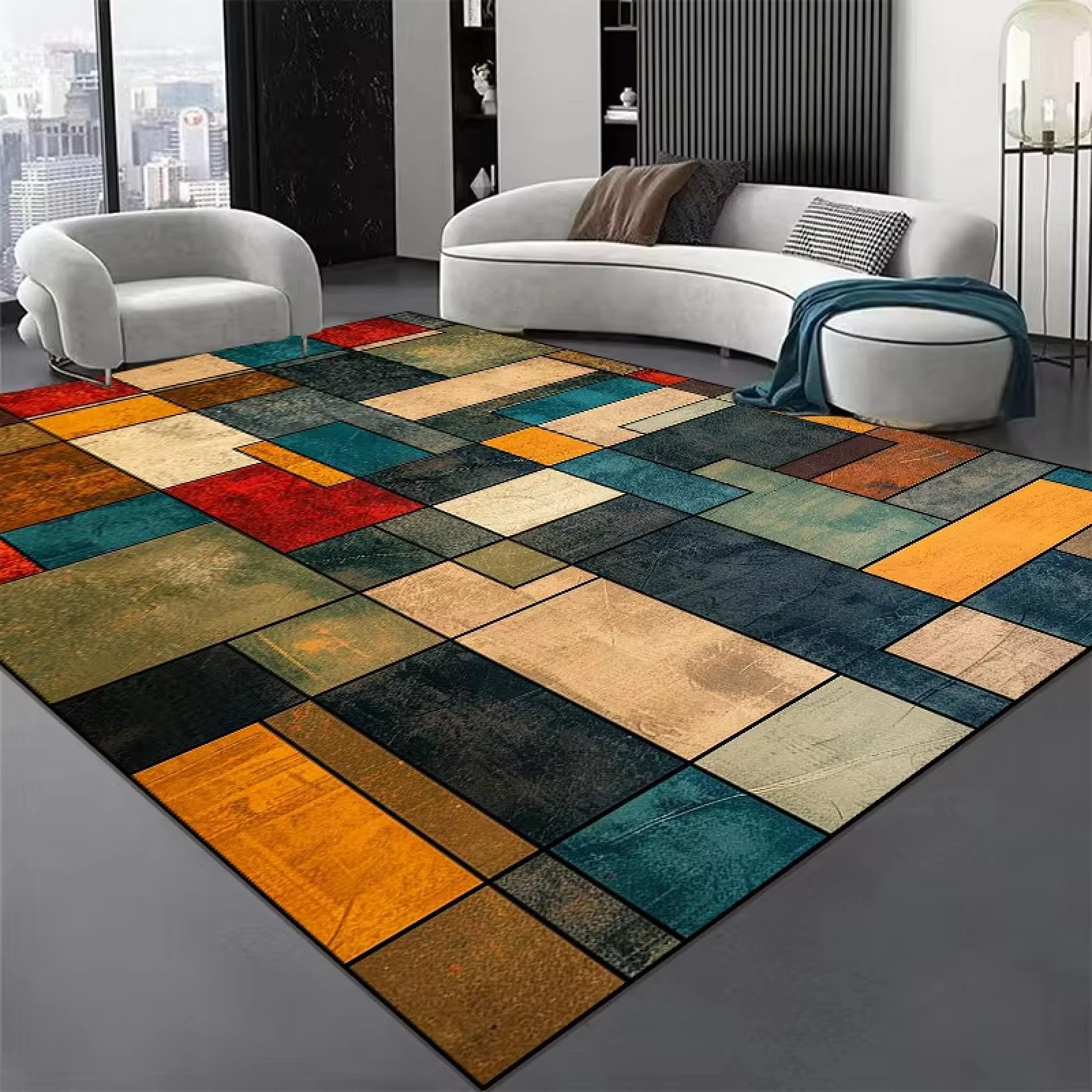 Tapis de sol antidérapant lavable motif géométrique abstrait rétro 80x120cm