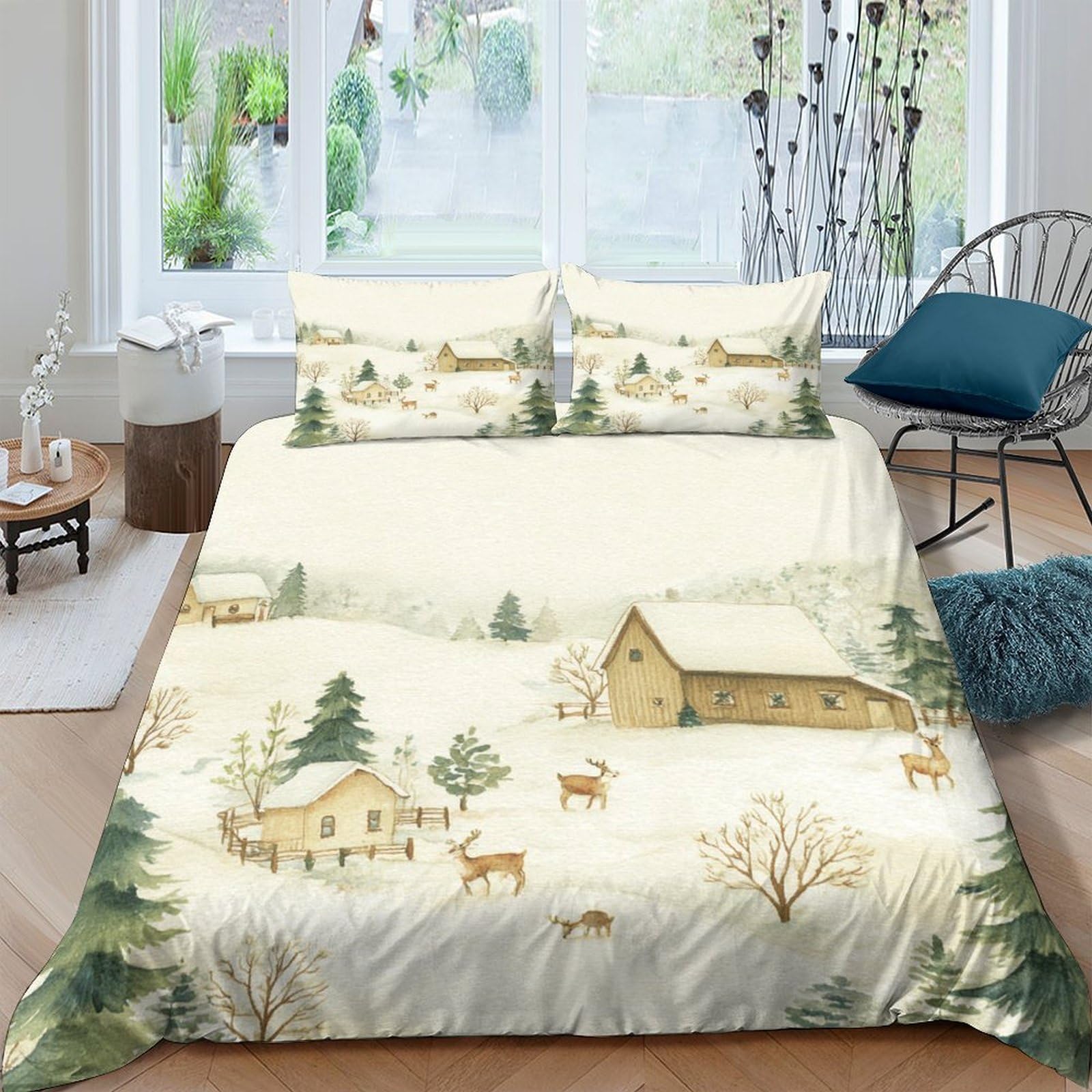 Ctjqhvkz Style-3 3D Printed Winter Snow Village Fitted Sheet Microfiber Soft Breathable Deer Landscape Mattress Cover For Bedroom Guest Room Home Decor Single（135X200cm）
