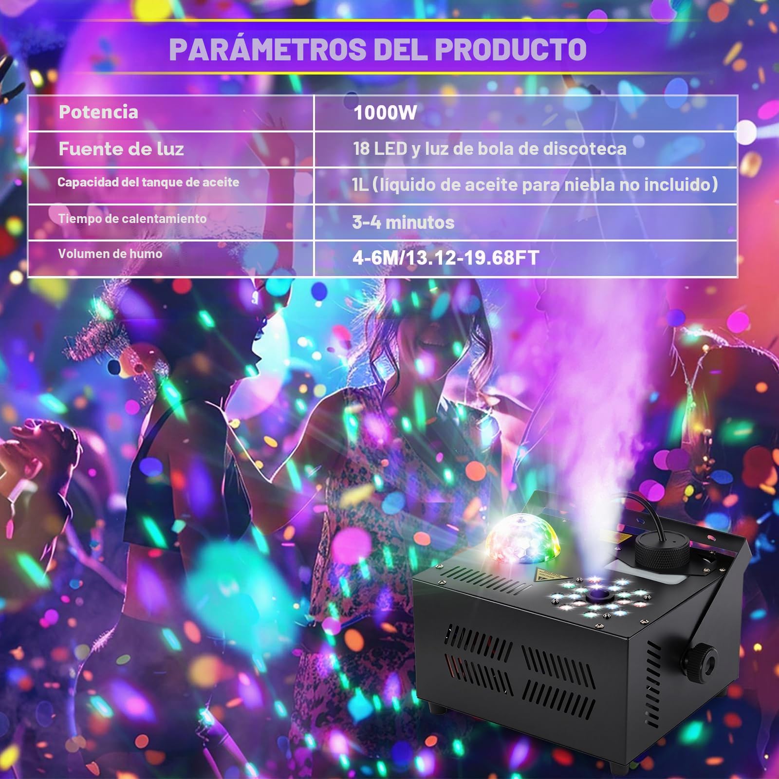 HAKUTA Máquina de Humo Vertical 1000W con 18 LED y Bola de Espejos | Efectos LED 12 Colores + 4 Modos Dinámicos, Niebla Vertical 2300 CFM, para Halloween, Navidad, Bodas, DJ, Discotecas
