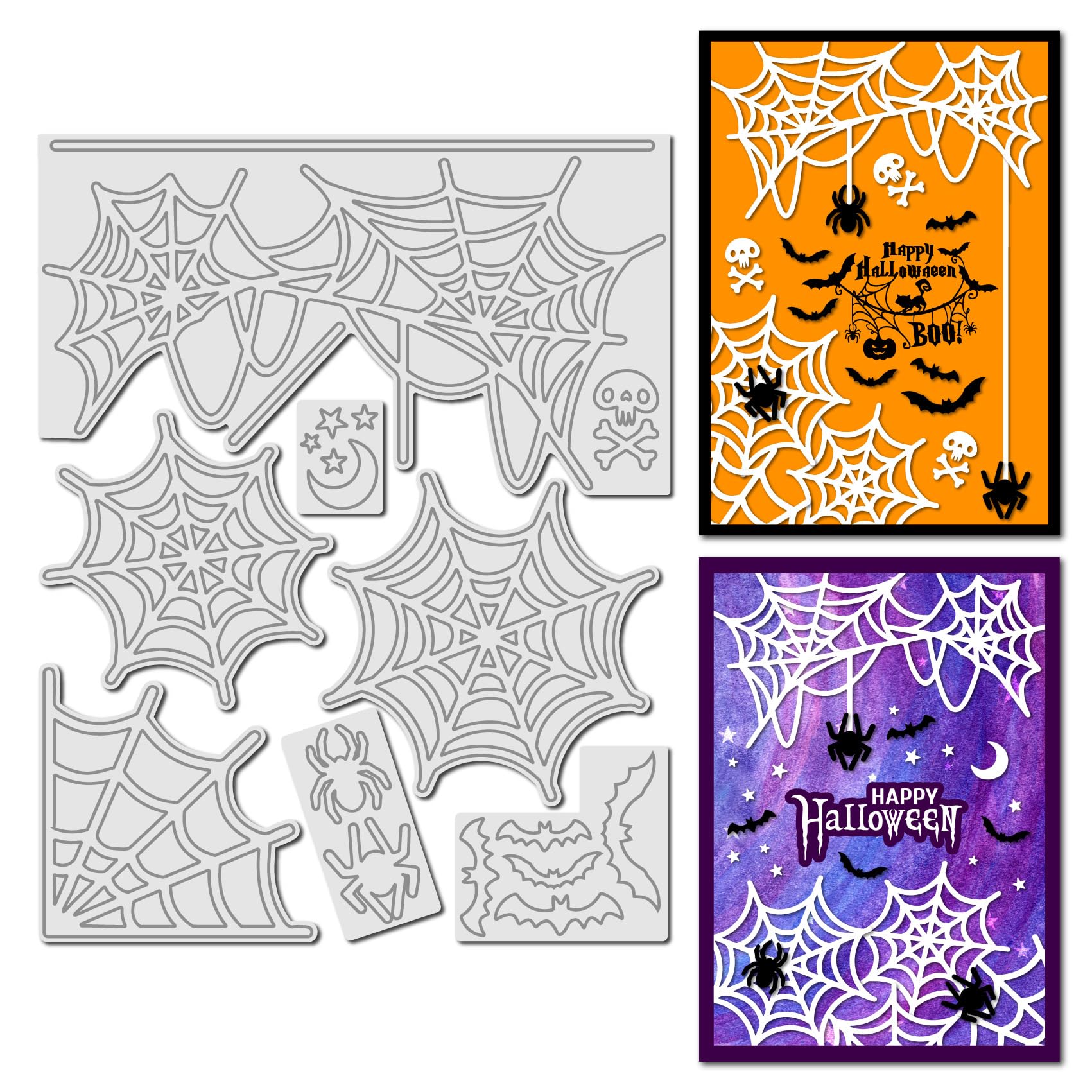 arriettycraft Halloween Cobweb Metal Cutting Dies - 4 Spider Webs, 2 Spiders, 5 Bats, Moon & Stars Die Template for Spooky Cards Making Treat Bags Paper Crafts Decor