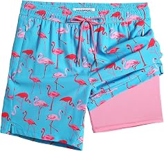 MaaMgic Men's 2-in-1 Quick-Dry Swim Shorts with Lining | Quick Dry Casual Swimming Shorts Boardshorts with Inner Pants and Pocket, Pink Flamingo Blue, L