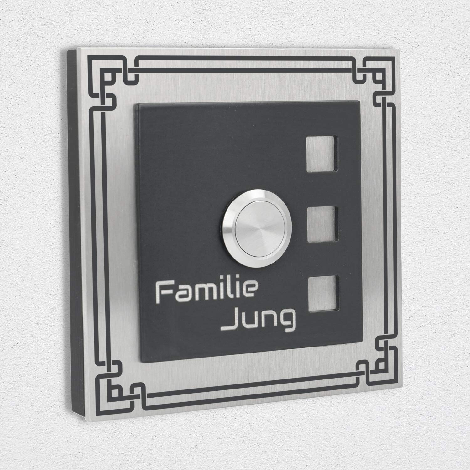 Jung-Edelstahl-Design Aufputz Edelstahl Türklingel Manhattan12AG Klingelschild 10x10 cm. Klingel kabelgebunden mit Gravur. Aufputztürklingel mit LED Klingeltaster aus Edelstahl für Ihre Haustür.