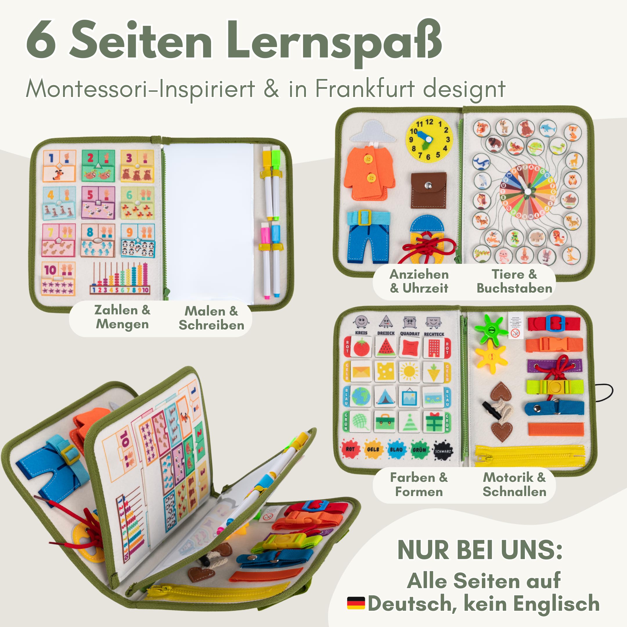 Lion's Collection Busy Board Alemán – Montessori Juguete a partir de 3 años para promover la motricidad y la creatividad – Busy Book & Quiet Book en 6 páginas