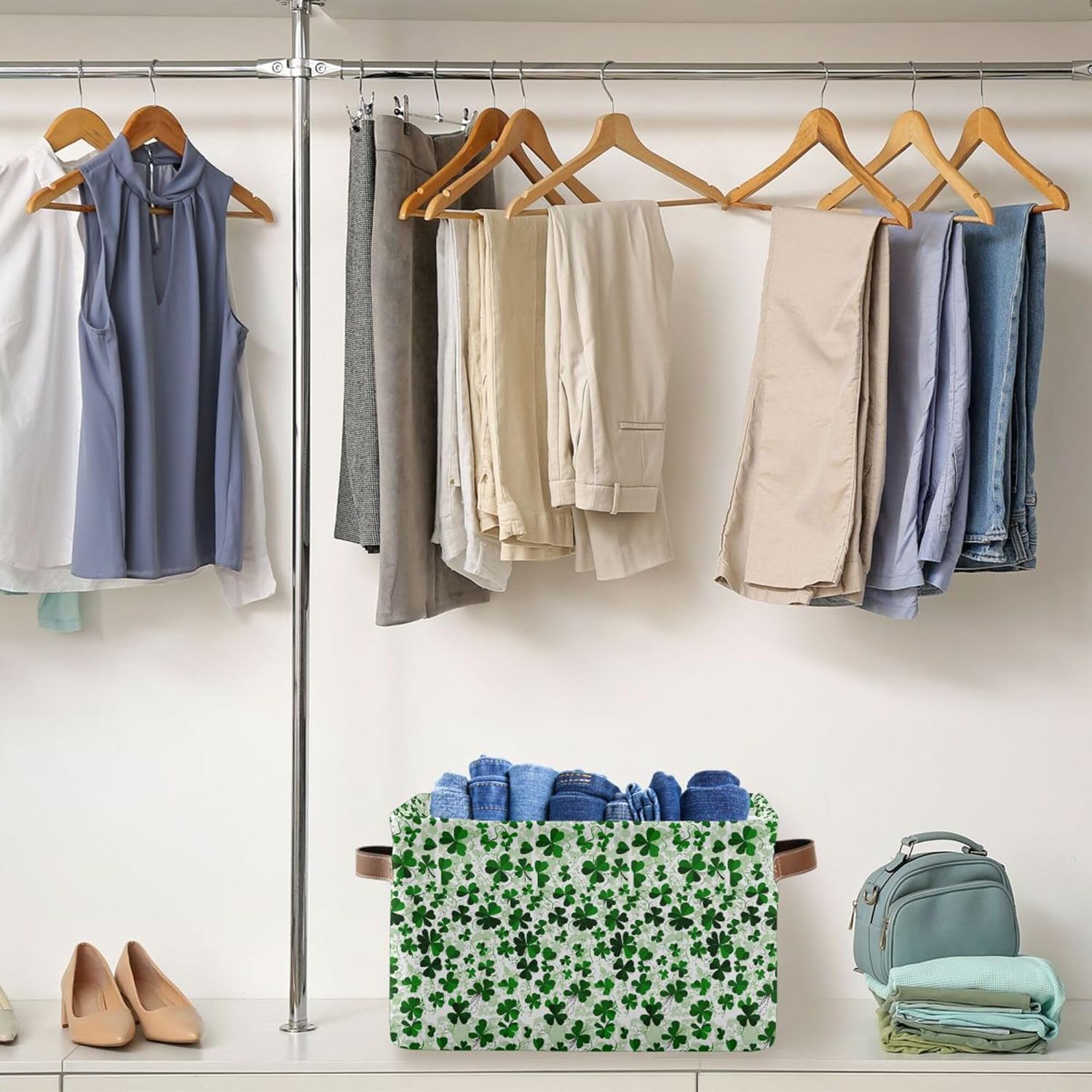 Green Clover Shamrock Lucky Storage Basket Fabric Laundry Baskets Happy St. Patrick's Day Accessories Storage Boxes Organizer Bag for Cloth Toy Book Storage Cubes Shelf Closet Bins 16×12×8 Inches