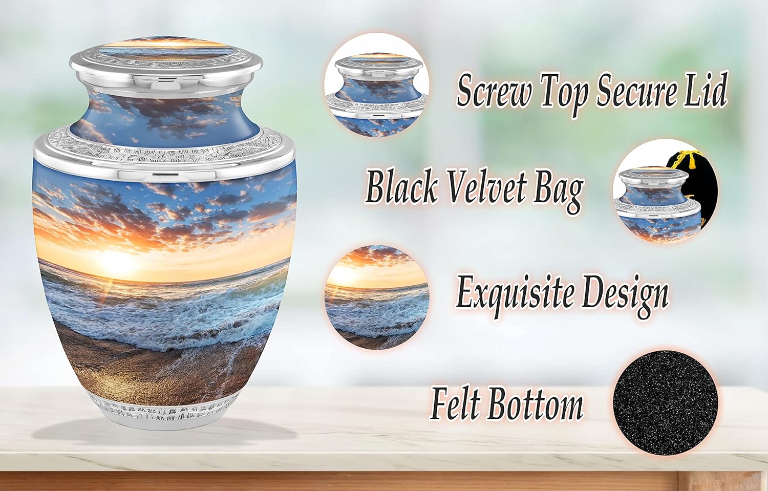 Seashore Sunset Cremation Urns - Handcrafted Funeral Decorative Urns for Adult Male and Female Ashes - 200lbs Burial Urns with Velvet Bag