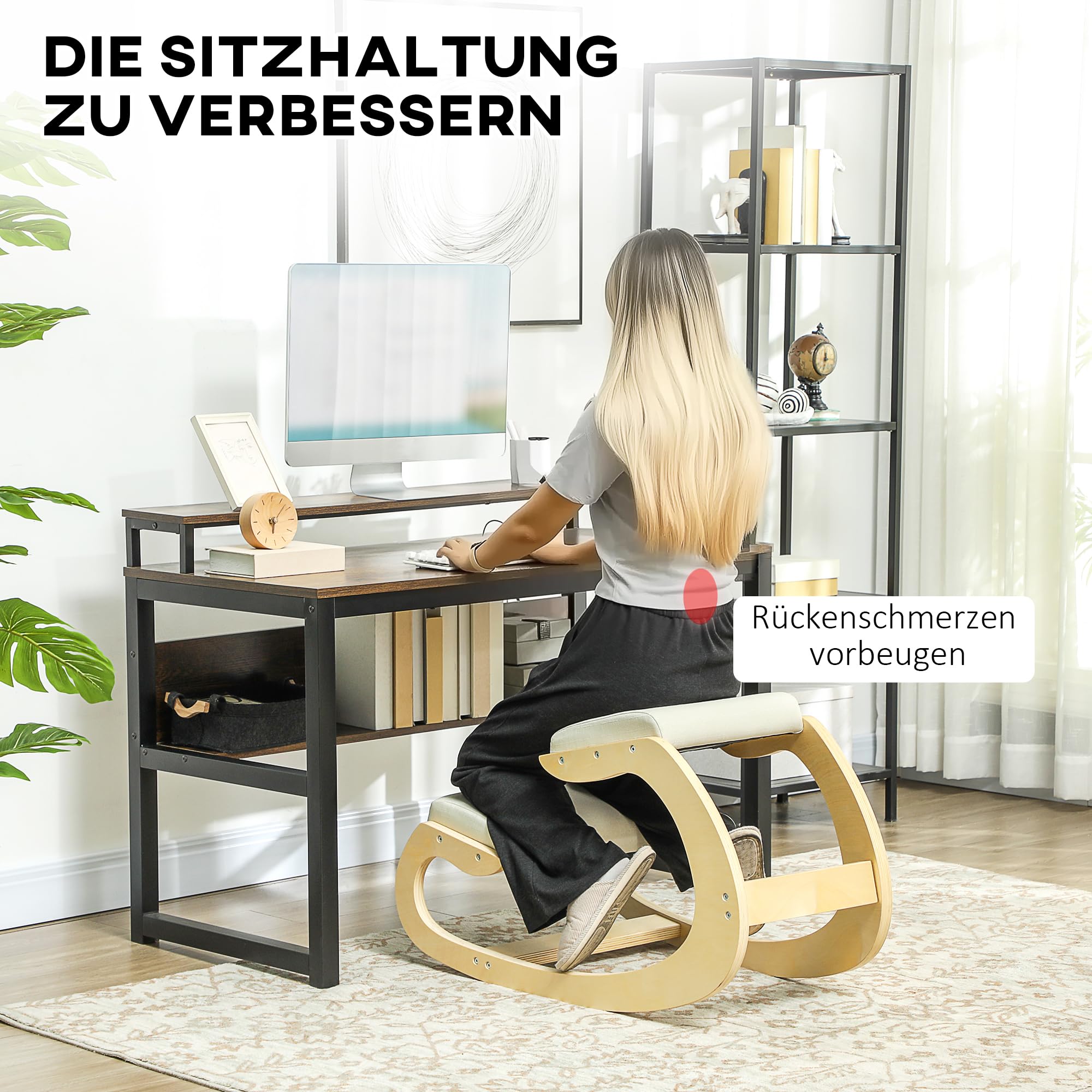 HOMCOM Kniestuhl Ergonomisch, Kniestuhl aus Holz, Bürostuhl für Homeoffice, Gesundheitsstuhl zur Verbesserung der Körperhaltung, Creme