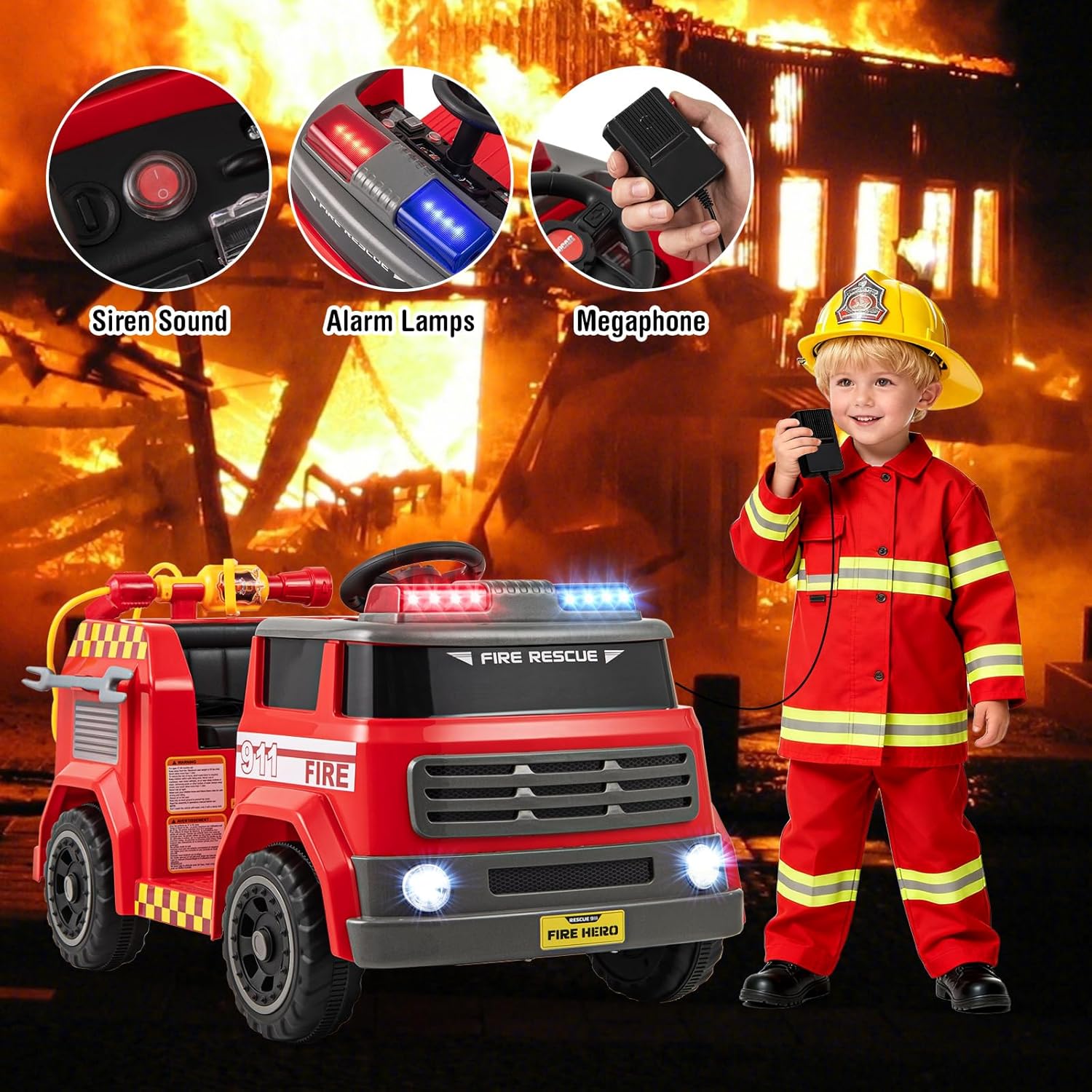 Child in firefighter costume standing next to the fire truck, which has its siren, alarm lamps, and megaphone active.