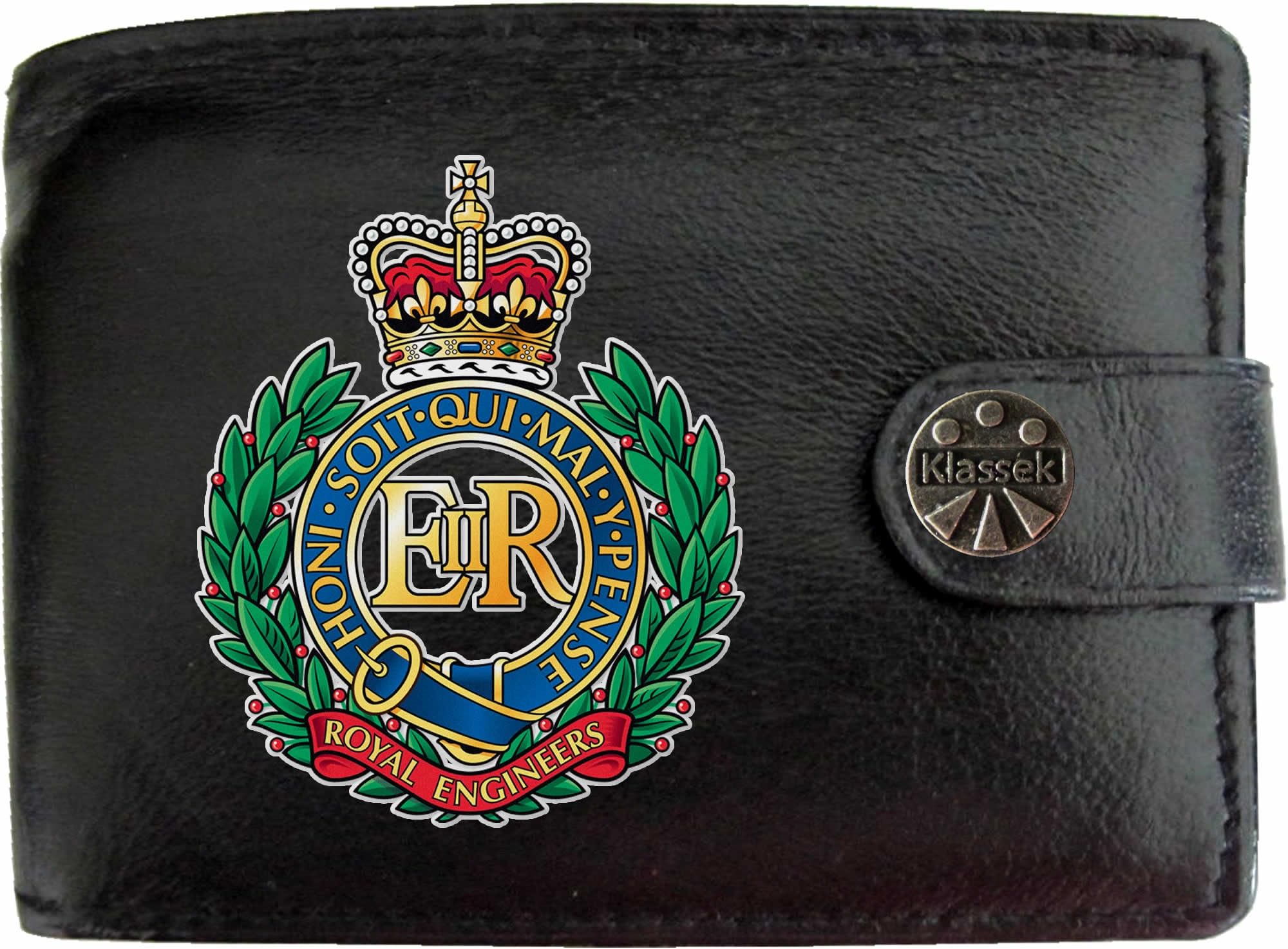 Corps of Royal Engineers Image KLASSEK Men Wallet Real Leather Cap Badge Emblem Military Crest Insignia RFID Blocking with Coin Pocket and Metal Gift Box