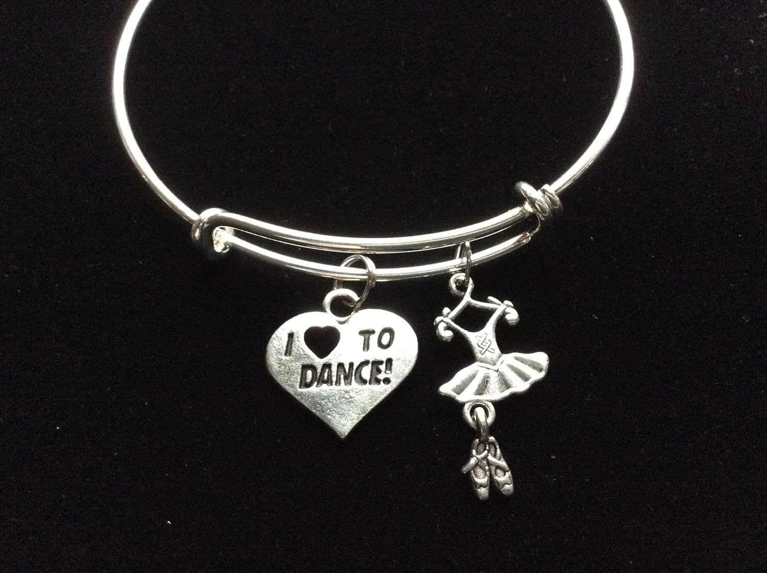 Love to Dance Silver Adjustable Expandable Wire Bangle Charm Bracelet Ballet - Image 2