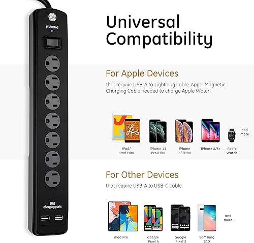 Miniatura 4 de GE UltraPro 37442 Protector de sobretensiones de 7 tomas, 2 puertos USB, cable de alimentación de 4 pies, 1500 julios, 40482 y protector de