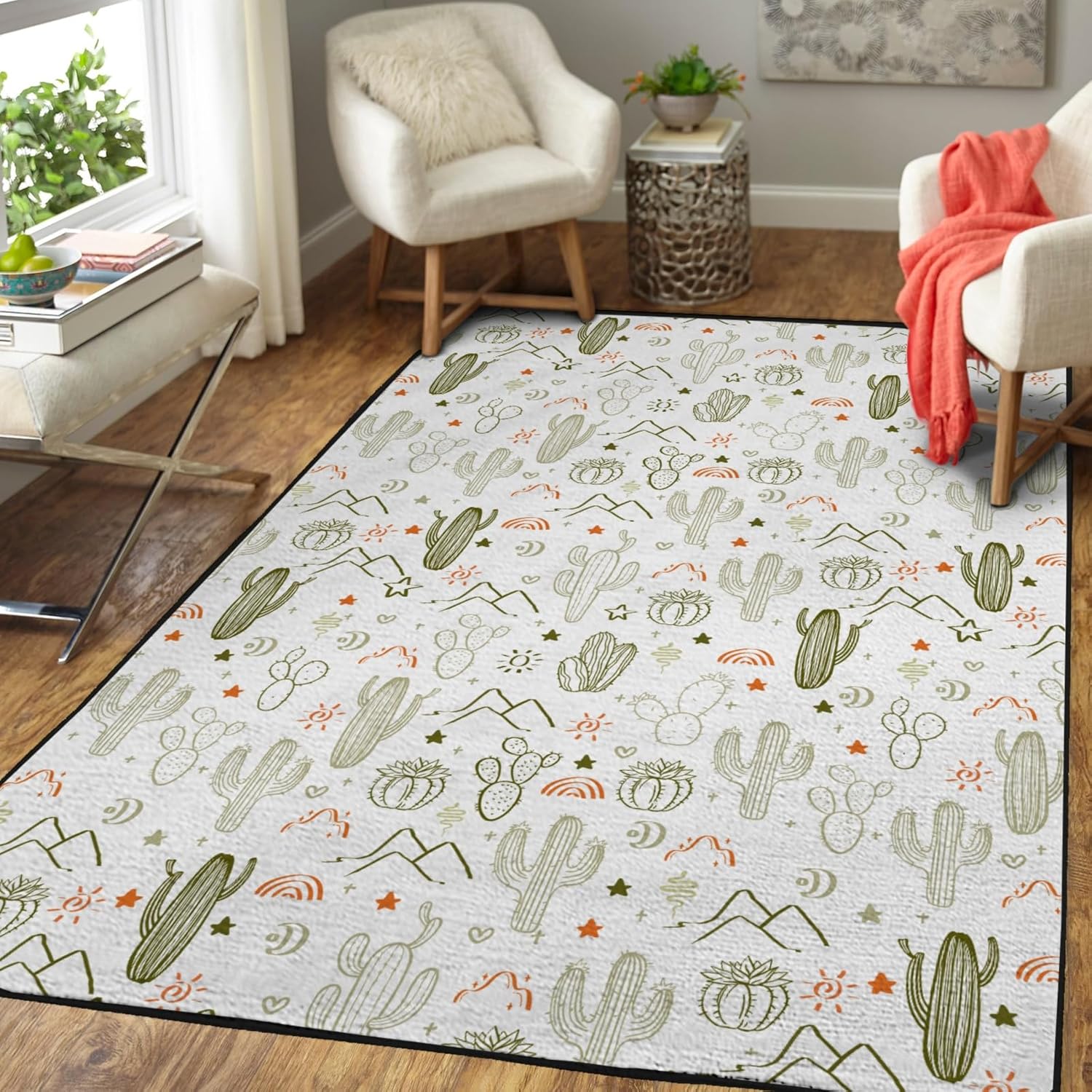 Boho Sunrise Cactus Area Rugs Western Cactus Desert Southwest Mountains Sun Rainbow Throw Carpets Wild West Plant Floor Mats for Toddler Nursery Bedroom Bathroom Living Room Kitchen 20x32inch