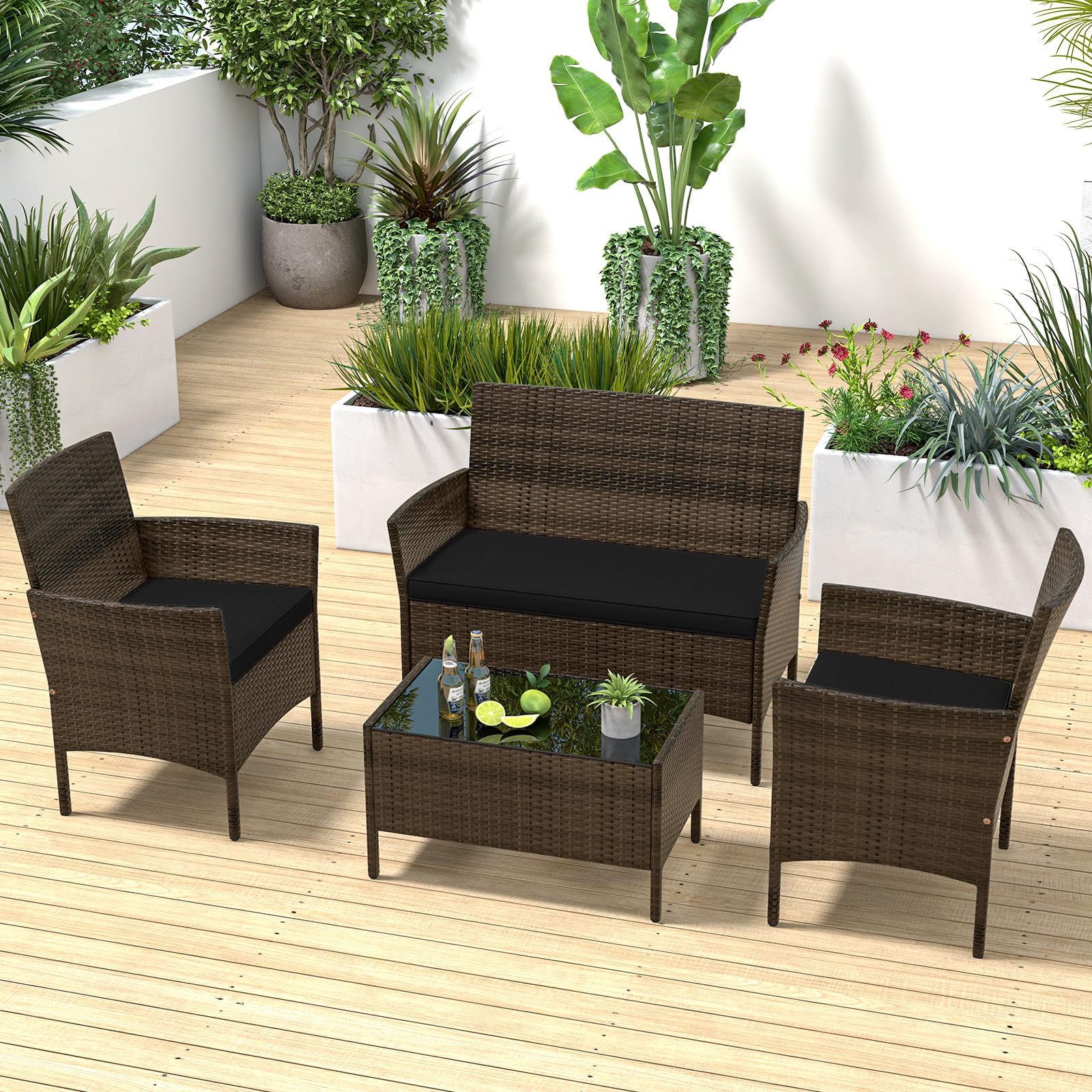 Giantex Set di mobili da giardino in rattan, 4 pezzi, con divano a 2 posti, tavolo e 2 sedie, mobili da terrazza con cuscini per 4 persone, per esterni, per balcone, terrazza e giardino (nero)