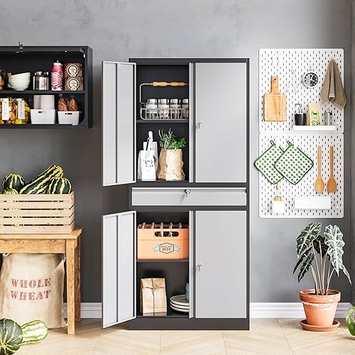 Miniatura 9 de MIIIKO Armario de almacenamiento de metal con puertas de bloqueo, gabinete de acero azul de 72 pulgadas de alto con 5 estantes ajustables, utilidad