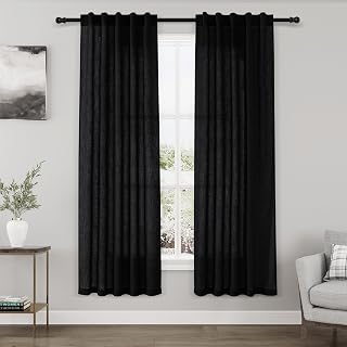 Black Semi Sheer Linen Curtains 72 inch Length for Living Room Back Tab Rod Pocket Modern Long Skinny Curtains Dividing Closet Decor Cotton Textured Gauze Curtain for Laundry Bedroom Office 38x72