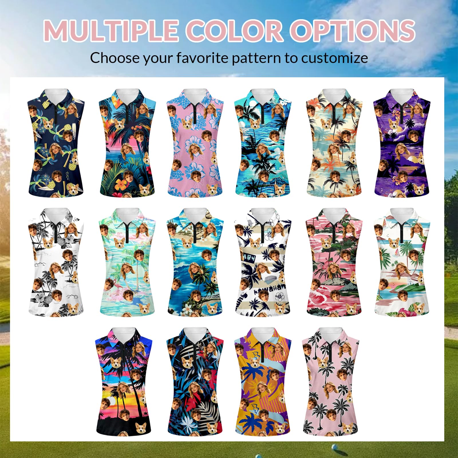 Polo sans Manches personnalisé pour Femme et Homme, Impression Photo de Visage, Hawaïen débardeur Sport pour Golf, Tennis, Running, randonnée