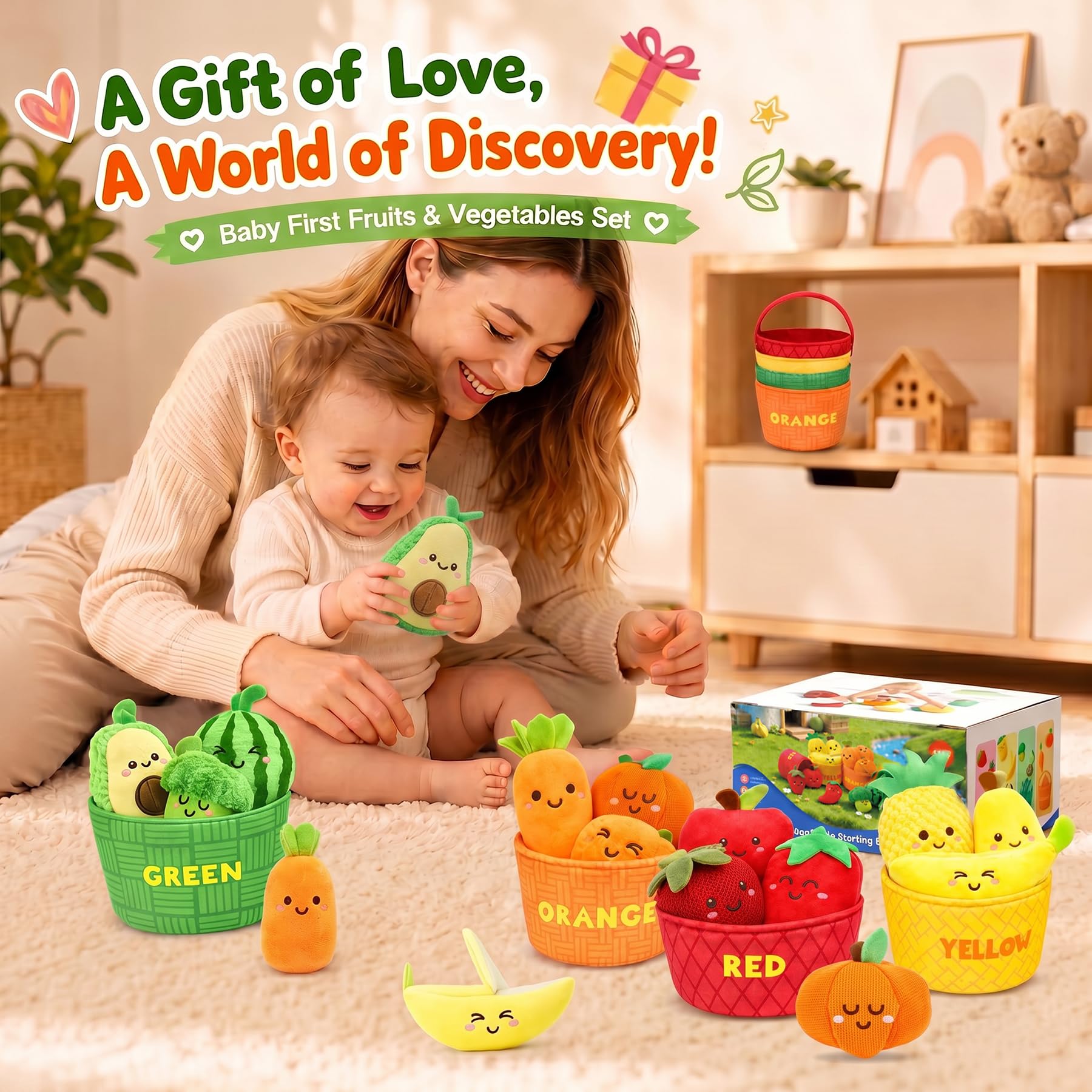 Sensory Toys für Babys, 6–12 Monate, Montessori-Spielzeug für Kleinkinder, 16 Stück, weiches Plüsch, Obst und Gemüse mit Knistern, Rassel und Farbsortierung, feinmotorisches Lernspielzeug, Geschenk