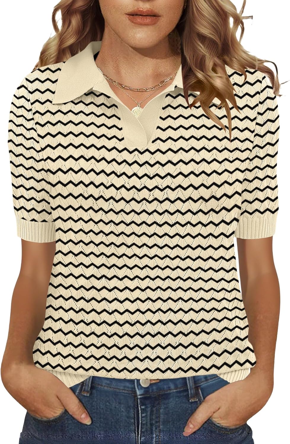 Rapbin Womens Short Sleeve Polo Sweater Knit Collared Pollover Summer V Neck Business Casual Tops