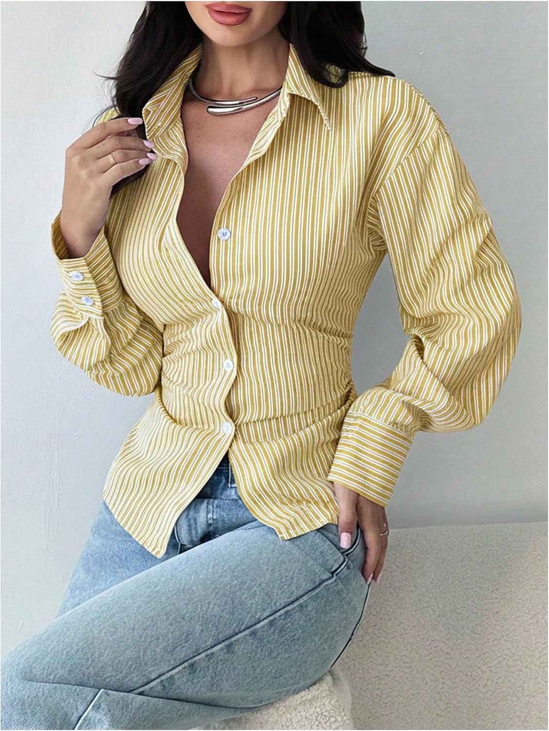 SOLY HUX Women's Striped Button Down Shirt Cinched Waist Top Long Sleeve Collared Lace Up Back Blouse