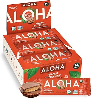 ALOHA Peanut Butter Cup Organic Plant-Based Protein Bars, 12 Pack - 14g Protein, 10g Fiber, Vegan Gluten-Free Low Sugar No Stevia