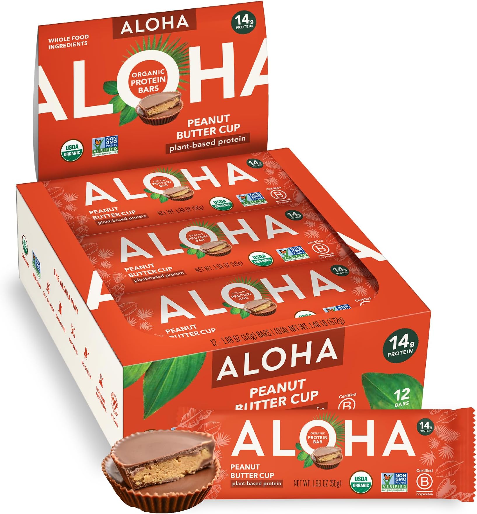 ALOHA Organic Plant Based Protein Bars - Peanut Butter Cup Bar - 12 Bars, Vegan, Low Sugar, Gluten-Free, Low Carb, Non-GMO, No Stevia, No Erythritol