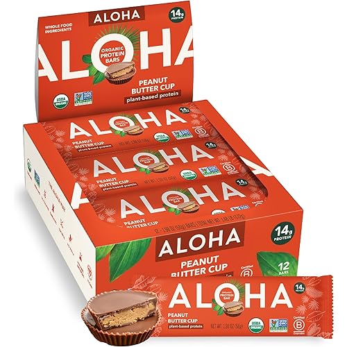 ALOHA Organic Plant Based Protein Bars - Peanut Butter Cup Bar - 12 Bars, Vegan, Low Sugar, Gluten-Free, Low Carb, Non-GMO, No Stevia, No Erythritol