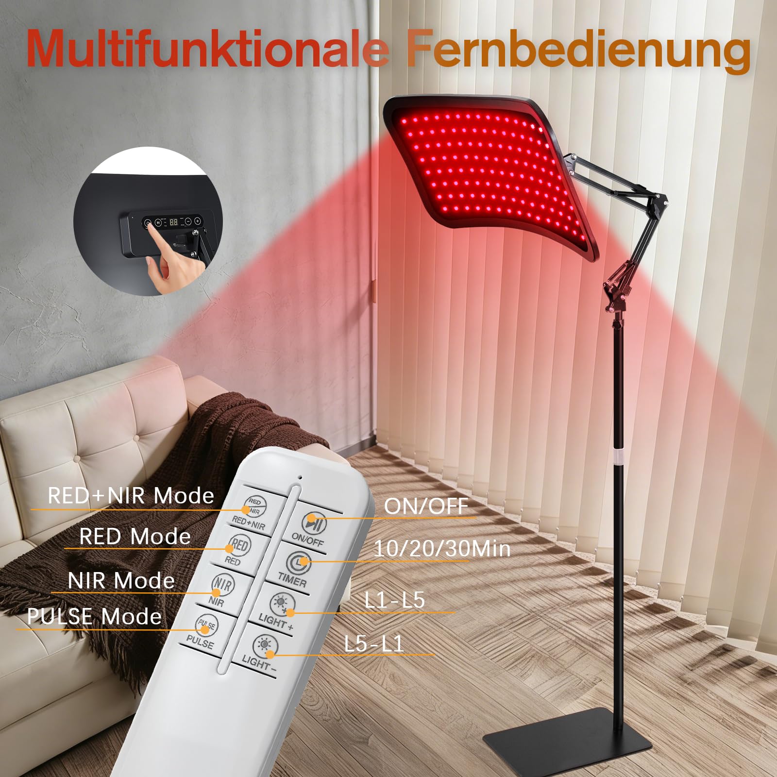 Rotlichtlampe mit Ständer für Ganzkörper & Gesicht,(660nm，850nm）Infrarotlampe mit 120 LEDs,5 Helligkeiten Rotlicht Panel für Büro mit Schutzbrille und Fernbedienung,Timer