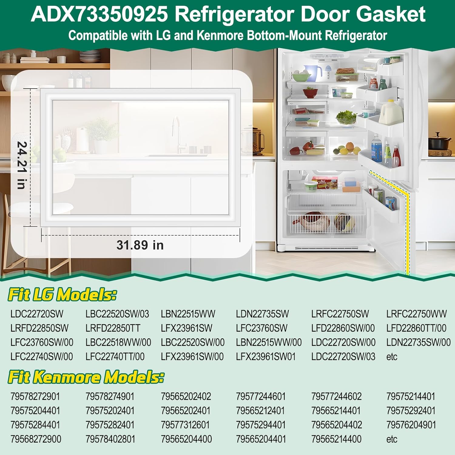 UPGRADED ADX73350925 Refrigerator Freezer Door Gasket Replacement Compatible with LG Refrigerator Parts Fridge Door Seal, Replaces Part Number ADX52752607 4987JJ1004A 2657318 Kenmore Freezer Door Seal