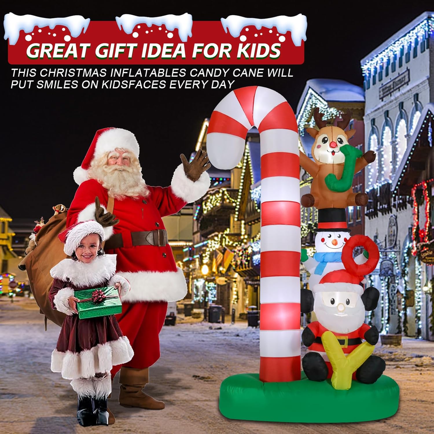 Christmas Inflatables Outdoor Decoration 8 FT Santa Claus Joy Reindeer Snowman Candy Cane Inflatable with LED Light Christmas Blow Up for Lawn Garden Holiday Party Yard Xmas Decor - Image 4