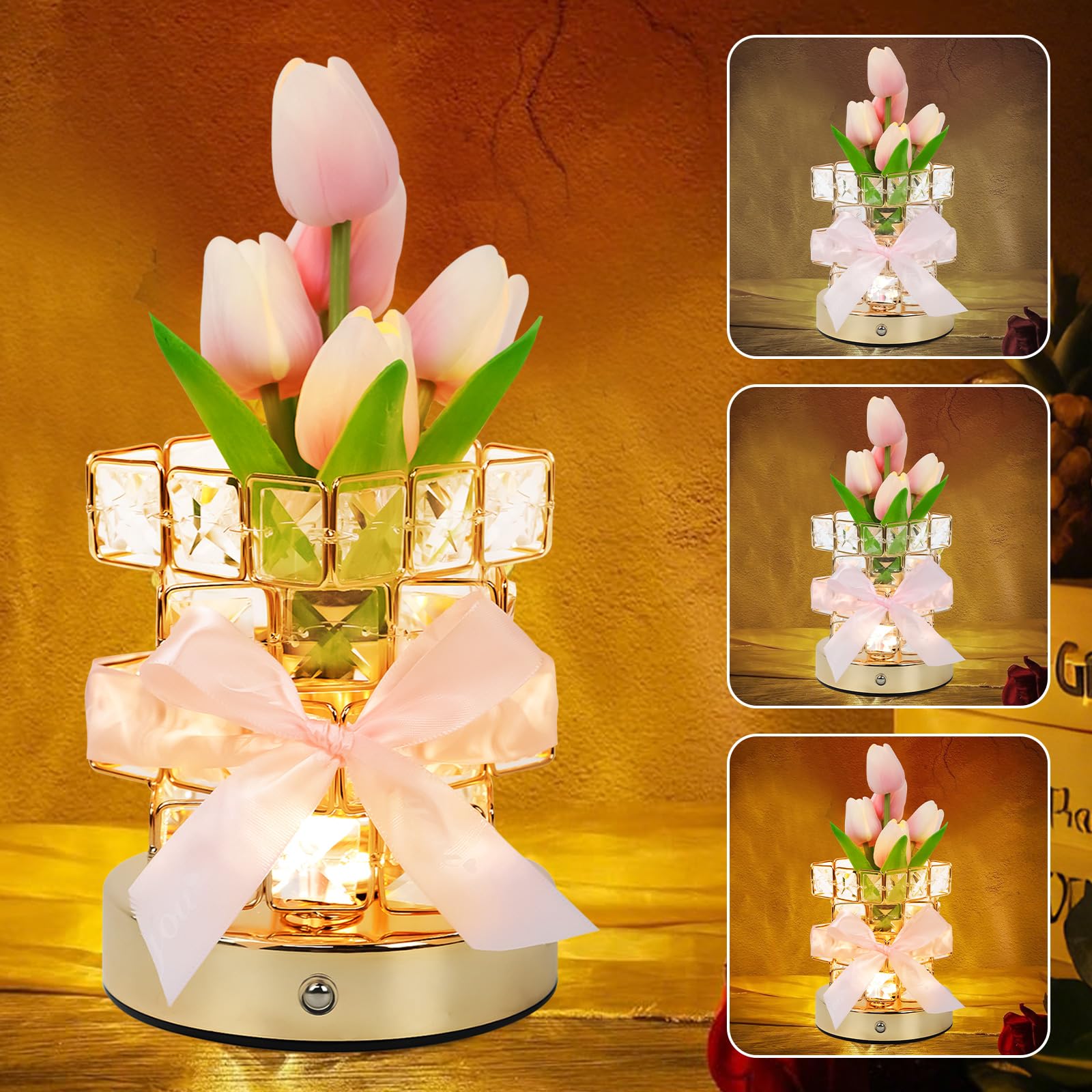 Les-Theresa Flower Night Light Lamp Bedroom, Touch Lamps Bedside 3 Modes Crystal Lamp Table, Nursery Light Rechargeable USB Dimmable Flower Table Night Lamp for Kids Party Home Decoration (Tulip)