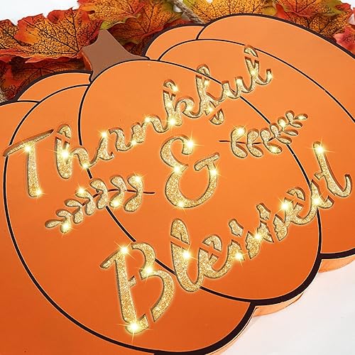 Vista 5 de TURNMEON Coronas de calabaza iluminadas de Acción de Gracias para decoración de puerta delantera, temporizador, funciona con pilas, letrero