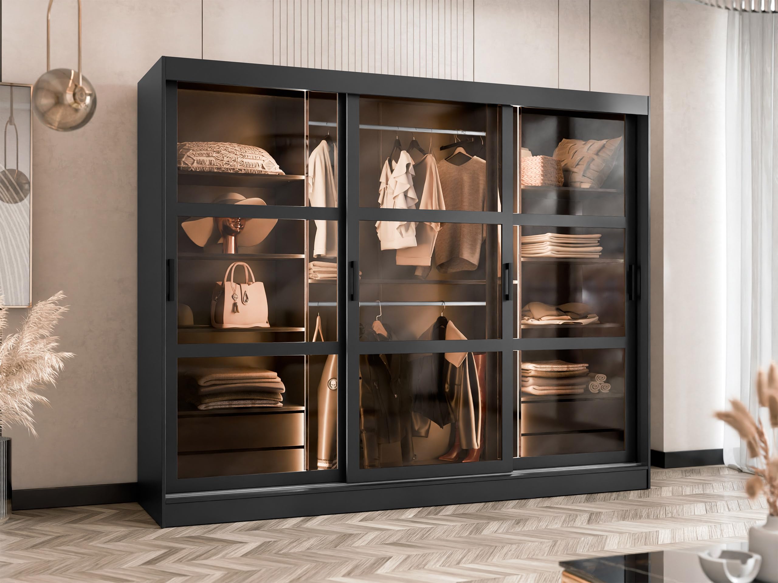 Mirjan24 Kleiderschrank Norlio mit glastüren, Schwebetürenschrank mit Rauchglas, Schiebetürenschrank mit einlegeböden und Stange, Garderobe (Schwarz, mit LED Beleuchtung) Küche, Haushalt & Wohnen