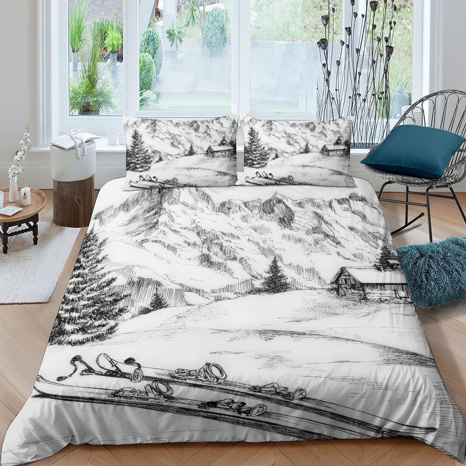 Ctjqhvkz Style-4 3D Printed Winter Mountain Landscape Fitted Sheet Microfiber Soft Bedroom Decor Nordic Cabin Mattress Cover Single（135X200cm）