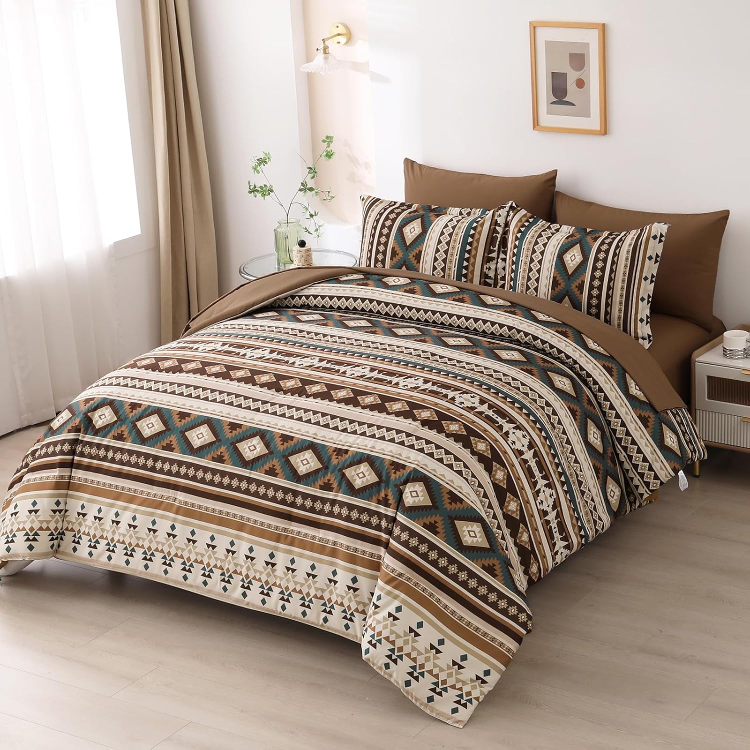 Dinjoy Boho Comforter Set Full Size 7 Piece Bed in a Bag Soft Brown Striped Bedding Sets Bohemian Comforters and Sheet Set, Microfiber Aztec Complete Sets for All Season - Image 3