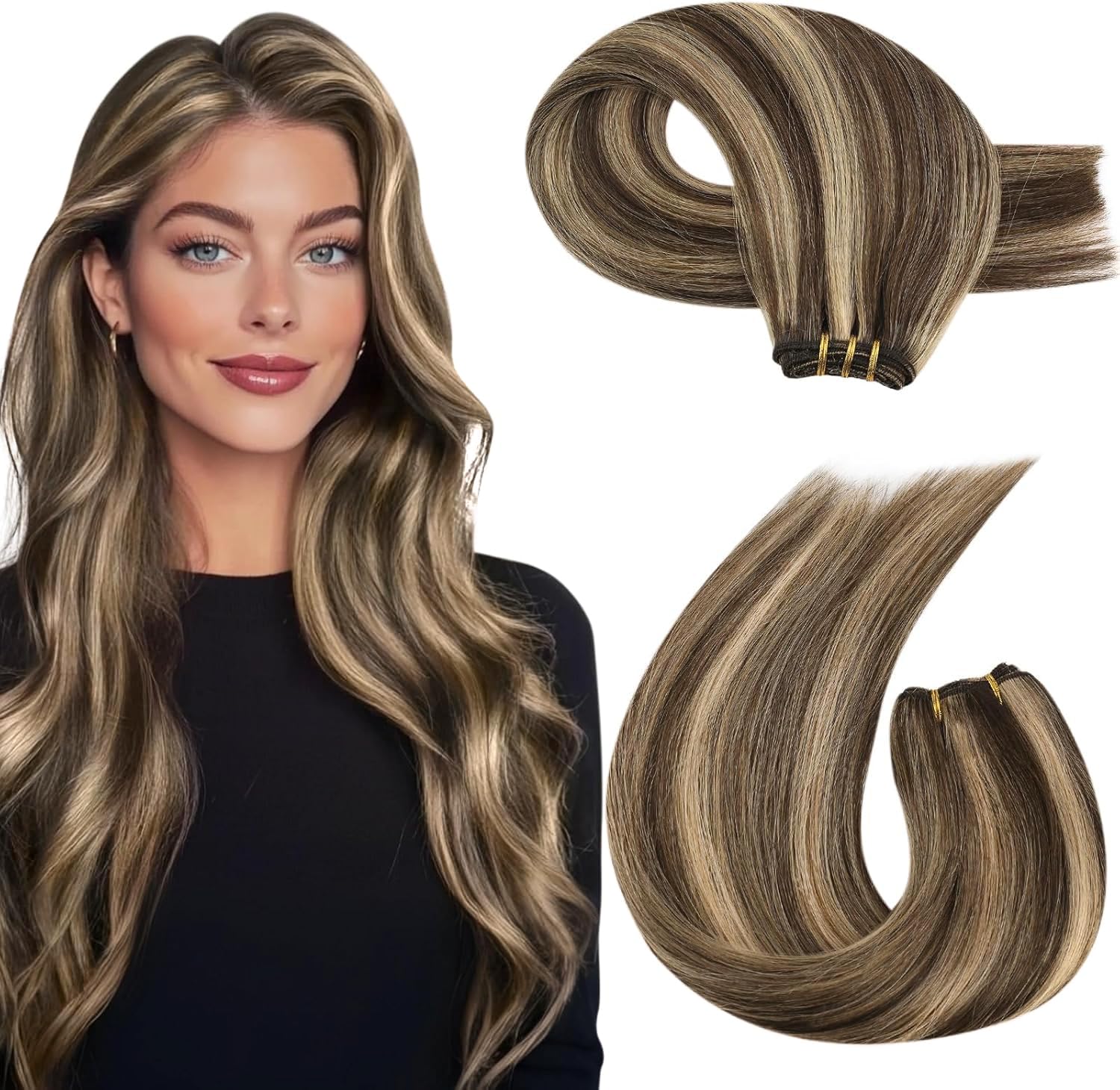 Moresoo Butterfly Weft Hair Extensions Remy Human Hair Ash Blonde Highlight Bleached Blonde 18 Inch OVO Weft Hair Extensions Human Hair Ash Blonde Highlight 100g/pack #18/613 — view 16