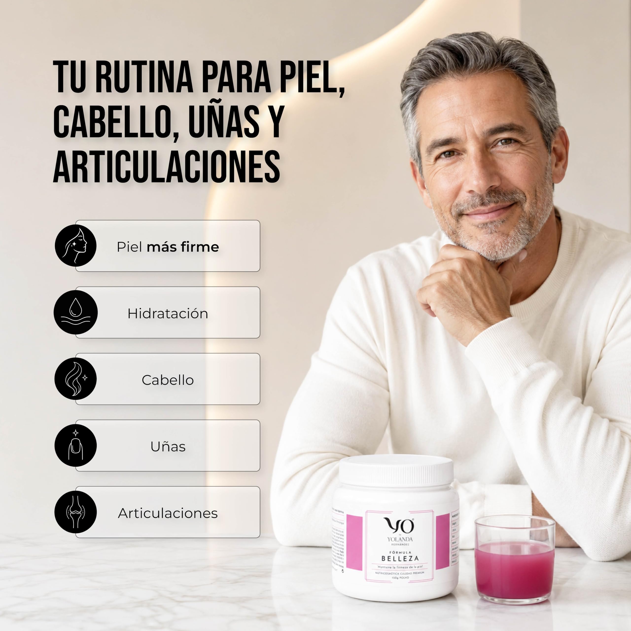 YO Fórmula Belleza | Colágeno Hidrolizado con Ácido Hialurónico Silicio L-Glicina | Vitaminas C, D, E para Piel, Cabello, Uñas | Envase 150g