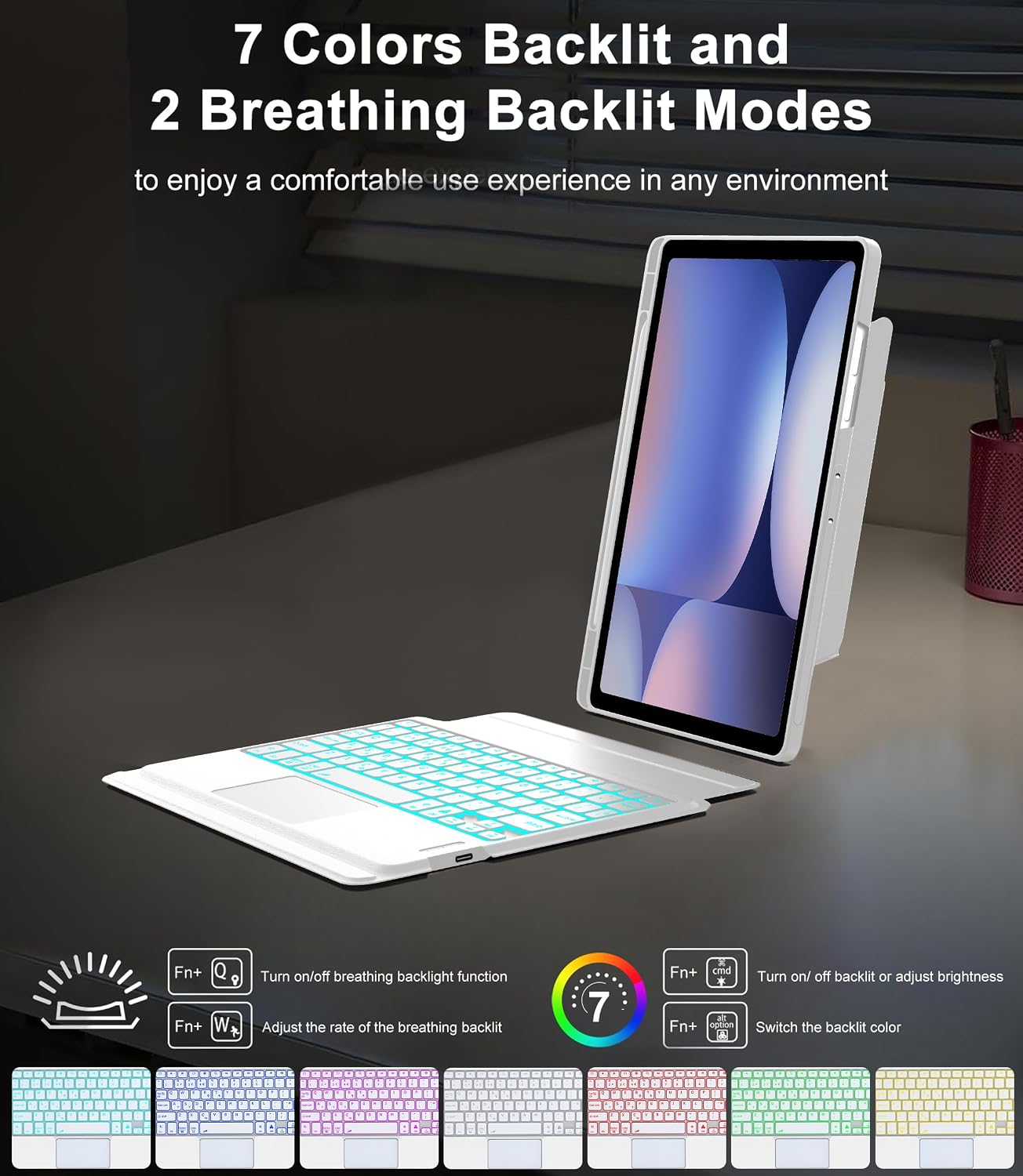SENGBIRCH for Samsung Galaxy Tab S10+ Plus/S9+ Plus/S9 FE+ Plus Case with Keyboard 12.4 Inch Raised Floating Stand for Galaxy 12.4'' 5G Tablet with Trackpad, Colors Backlit, Pen Storage Holder, White