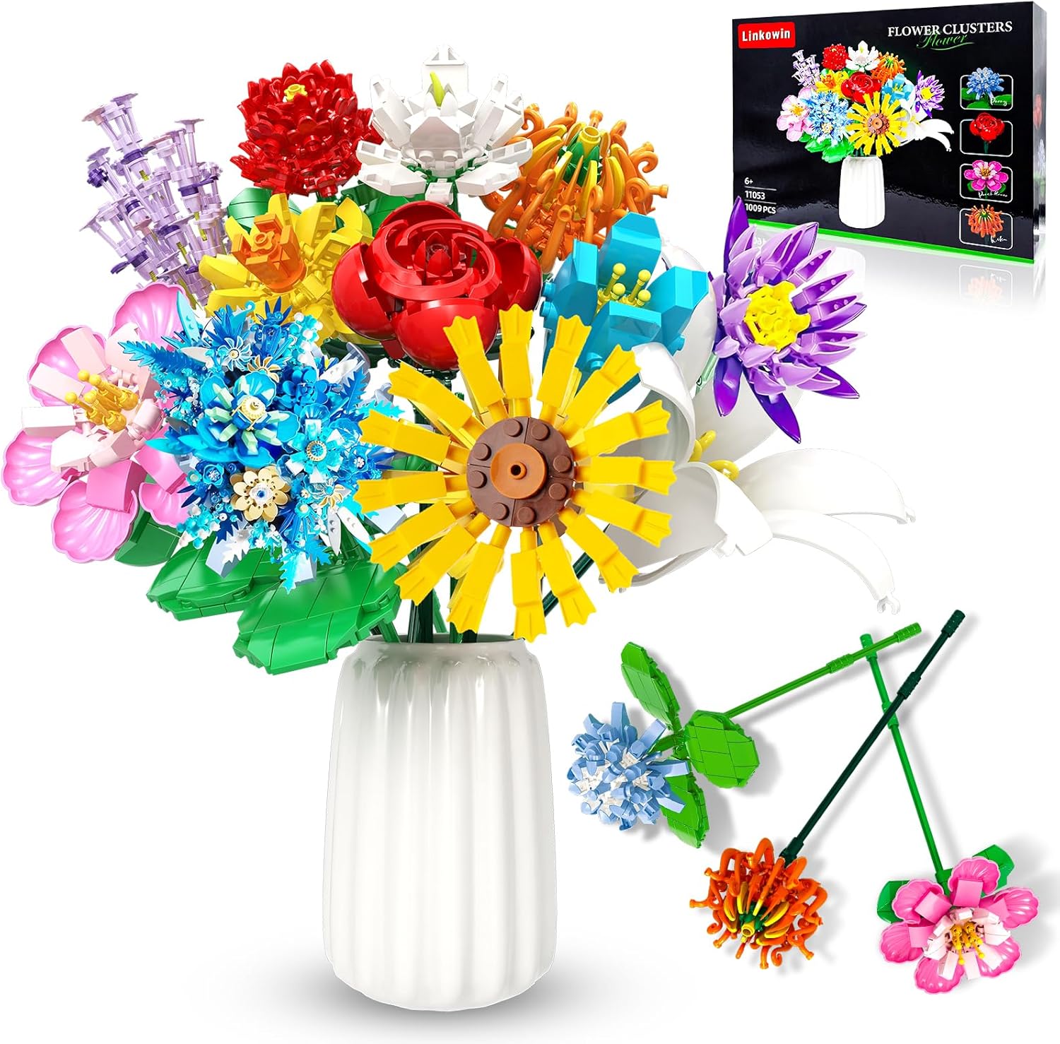 Linkowin Flower Bouquet Building Set,980PCS Creative DIY Plant Bouquet Decoration,12 Artificial Flowers Botanical for Adults Women Girls Ages 6+,Idea Gifts for Mother's Day, Birthdays, No Vase