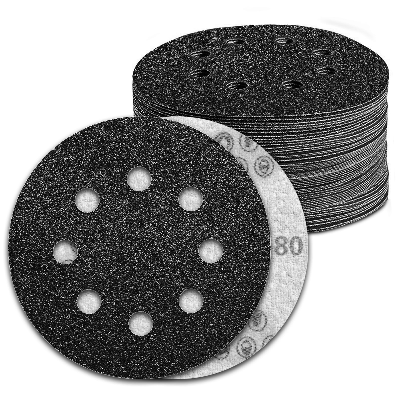KONGMING 100 PCS 125mm Wet Dry Sanding Discs 8 Hole Grit 80 Hook and Loop Silicon Carbide Sandpaper for Random Orbital Sander