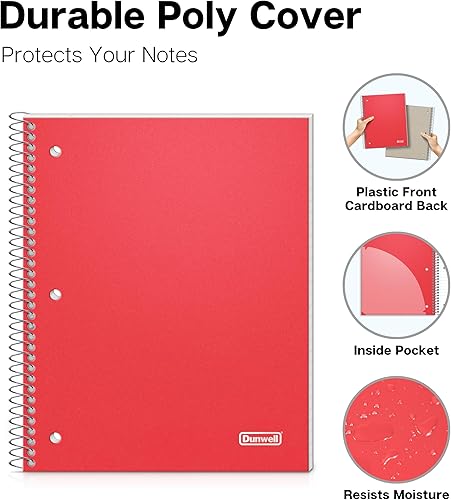 Miniatura 4 de Dunwell Cuaderno de espiral de 1 materia, cubierta de plástico rojo, 100 hojas (200 páginas) de papel de rayas anchas de 8 x 10.5 pulgadas, cuaderno