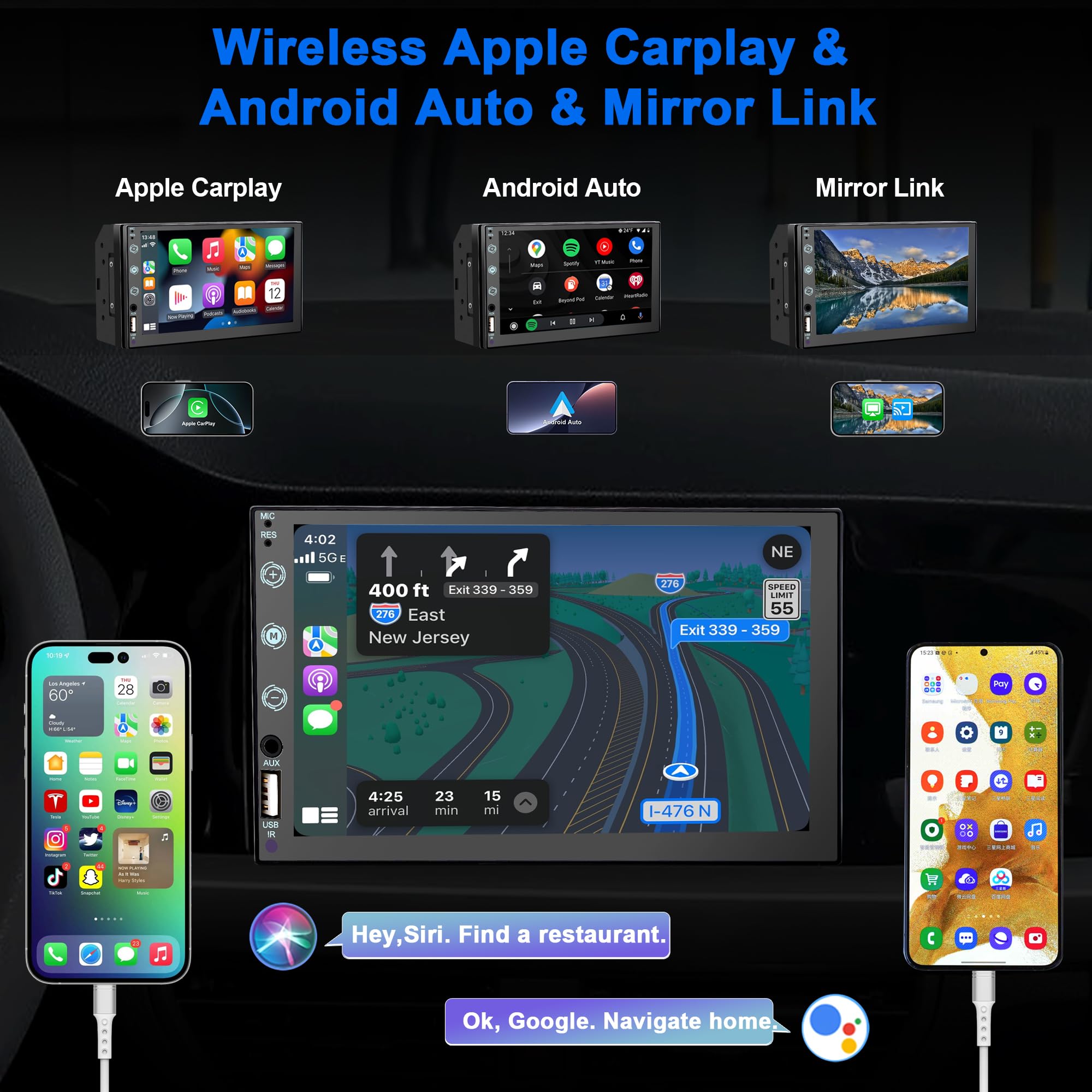 7" Double DIN Car Stereo Compatible with Ccarplay and Android Auto, Mirror Link,USB/AUX,Car Radio Am,Backup Camera
