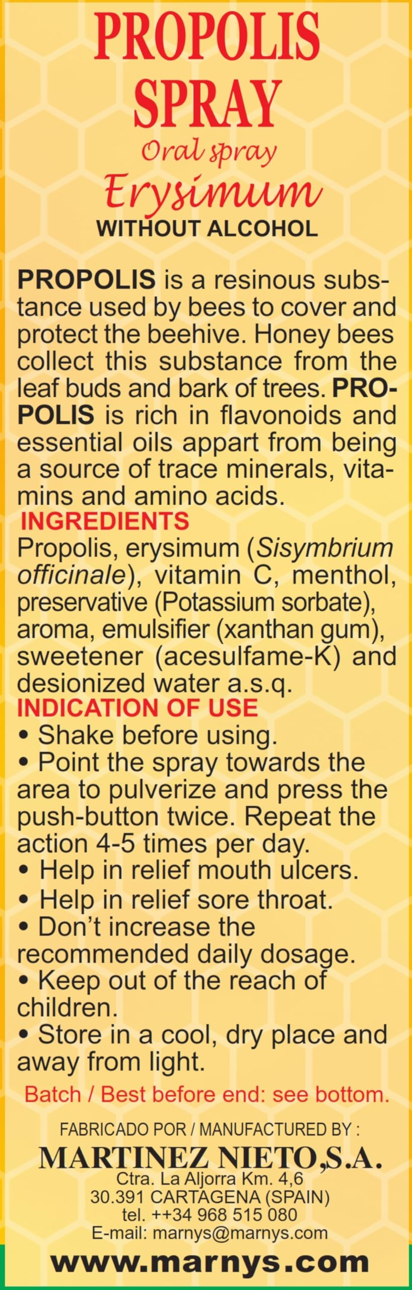 Marnys Propoltos Throat Spray 30ml - Alcohol-Free Bee Propolis & Erysimum Mouth Spray with Vitamin C & Menthol, Soothes Sore Throat & Dry Cough, Targeted Relief for Sensitive Throats, 30ml