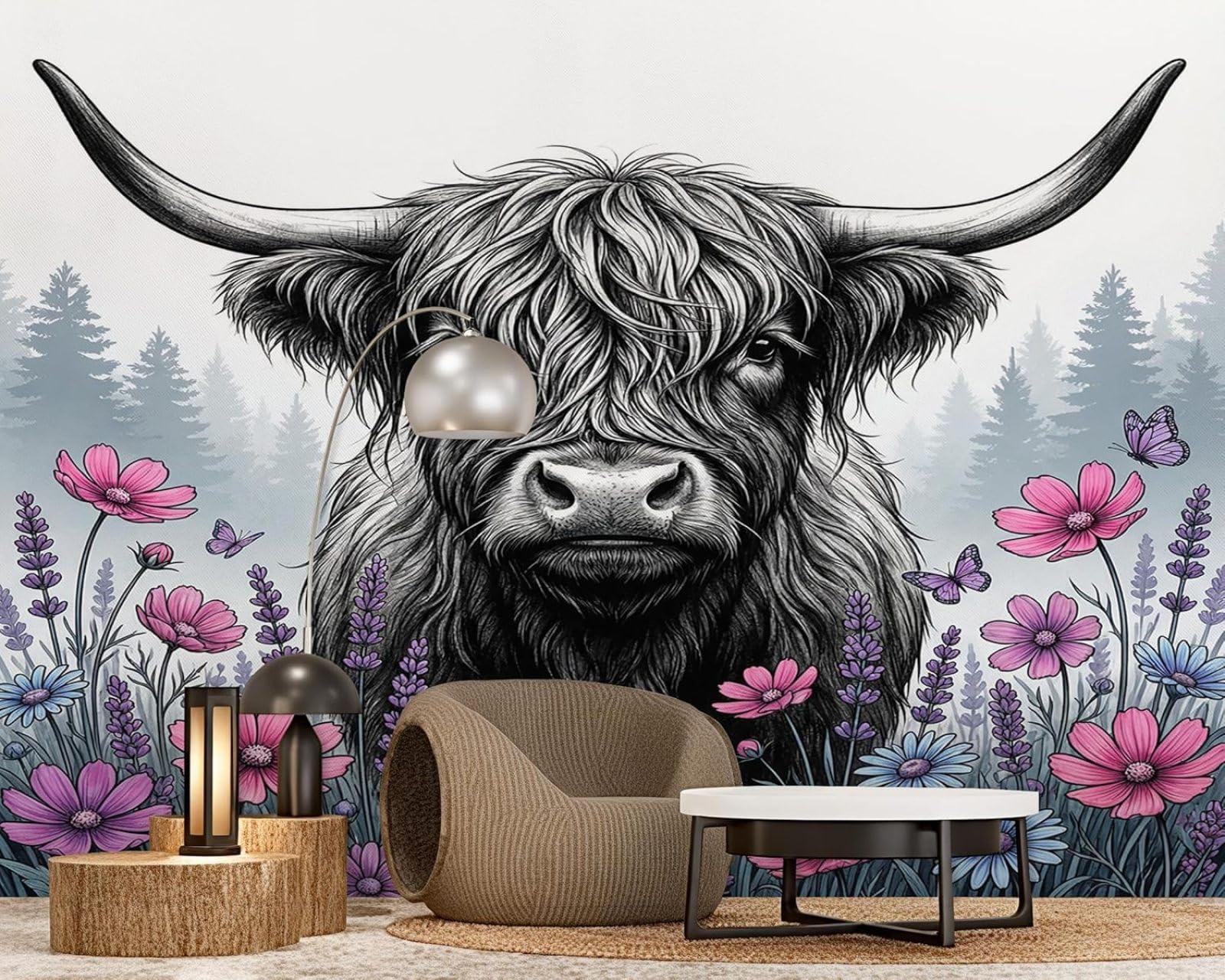 hgjdjhnf Photo Wallpaper Highland Cattle Animal Motif Black and White Non-Woven Wallpaper Modern Living Room Bedroom Children's roomdecoration Motif Wallpaper, 400cm x 280cmsticker - Background wal