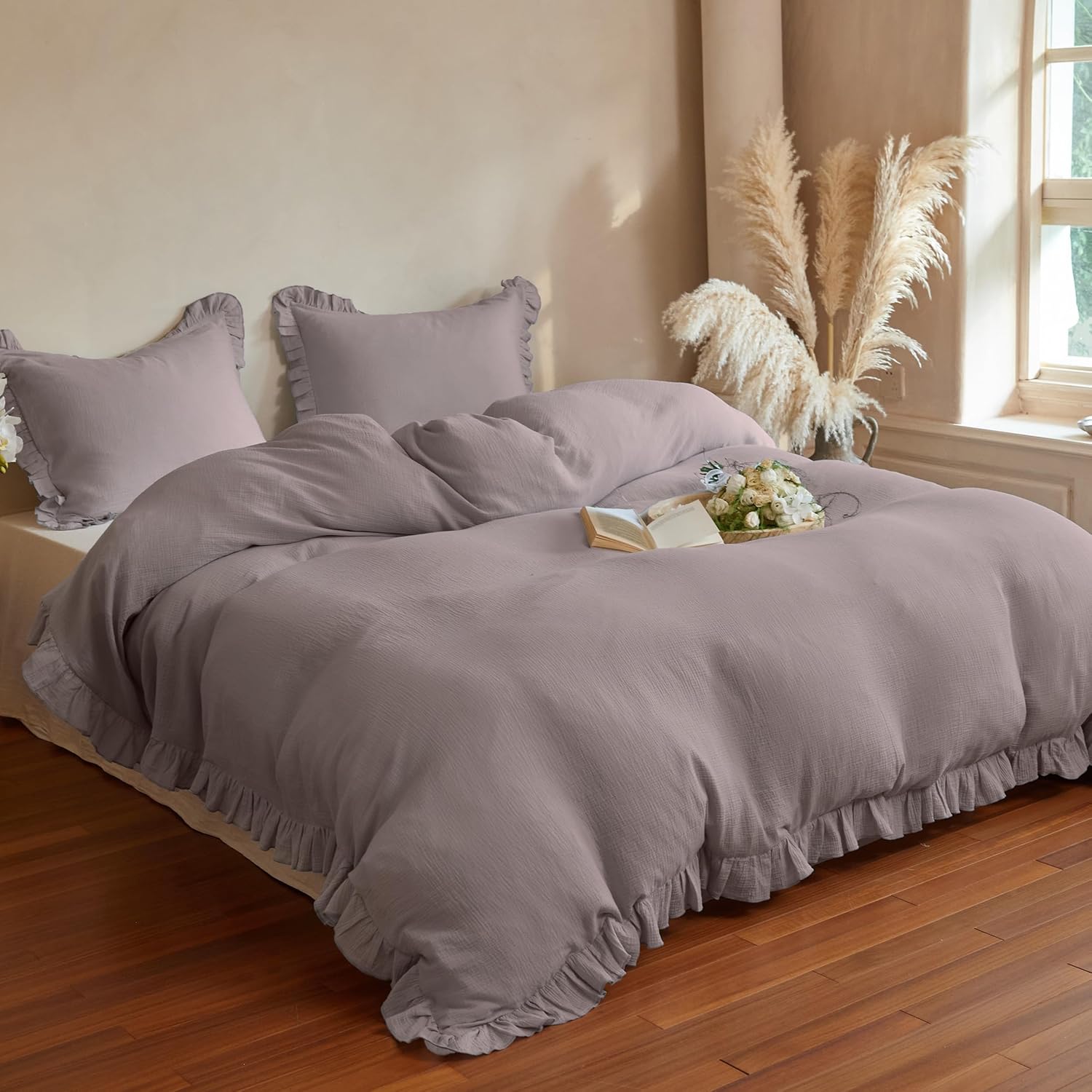 Simple&Opulence 100% Muslin Cotton Duvet Cover Set King Size, 2-Layer Gauze Ruffle Comforter Cover with Linen Like Texture, 3Pcs Breathable Soft Shabby Boho Chic Bedding for All Seasons(Coffee Grey)