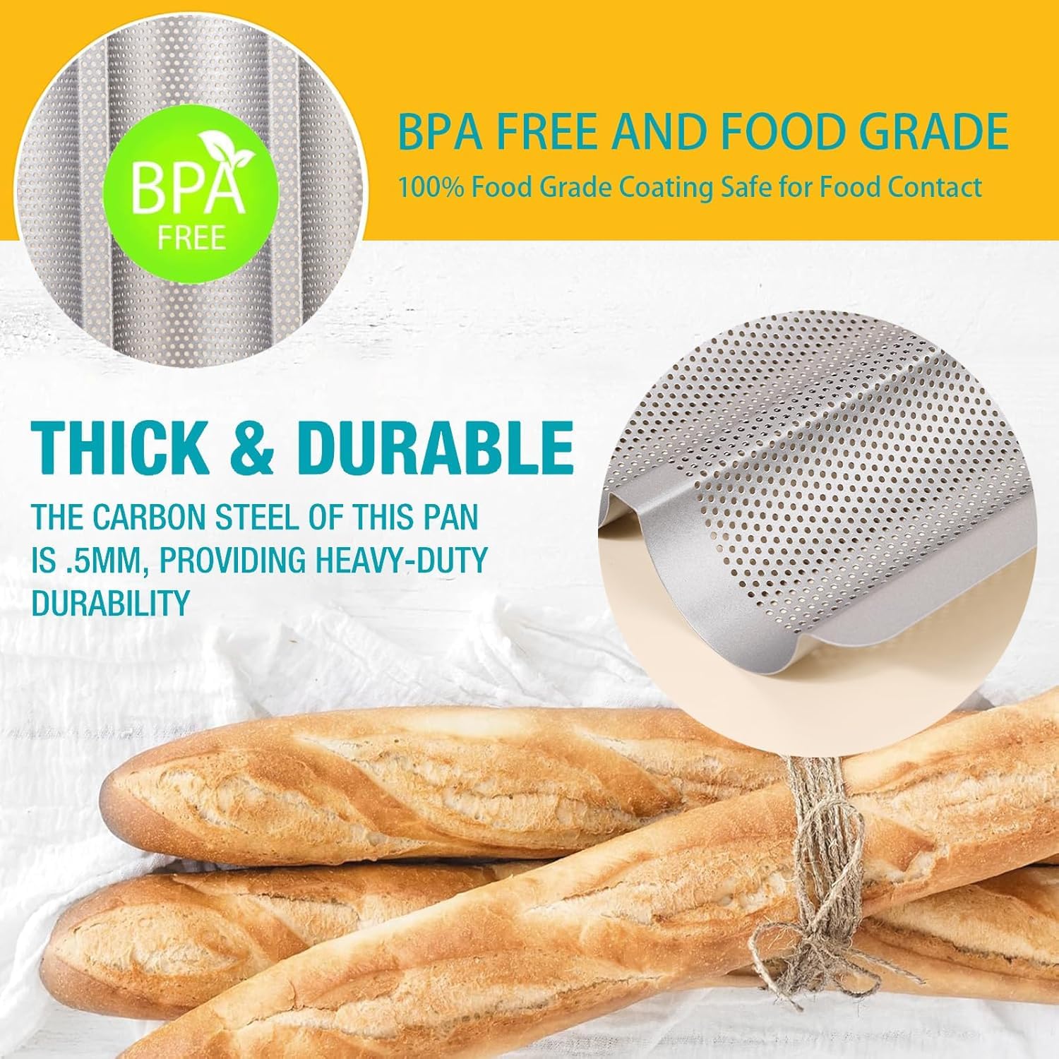 Moldes para baguette para hornear de 15 x 11 pulgadas, bandeja antiadherente de acero al carbono para pan francés e italiano perforado francés (2 unidades, plateado)