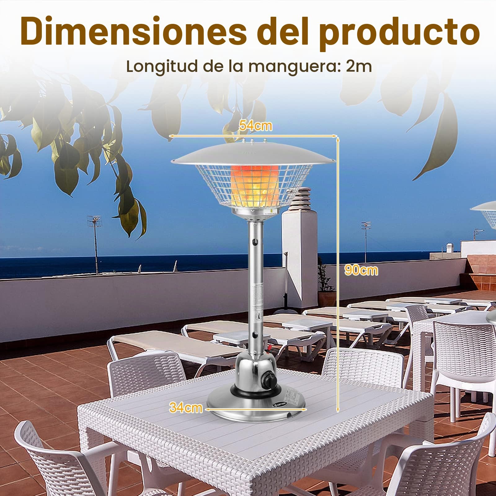GOPLUS Calefactor radiante de gas inoxidable, calefactor radiante con 4000W de potencia calorífica, protección contra inclinación, con regulador de presión y tubería de gas (Blanco)