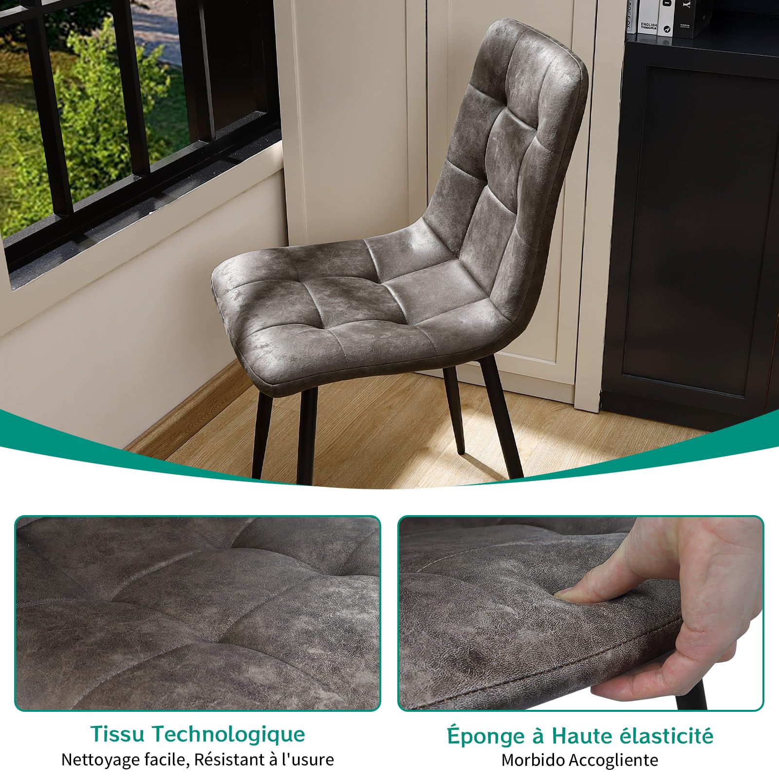 JIJIAN Lot de 6 Chaises de Salle à Manger, Chaises de Cuisine en Tissu Technologique, Chaises Rembourrées pour Salon avec Pieds en Métal Noir, pour la Salle à Manger, la Salle d'attente, Marron